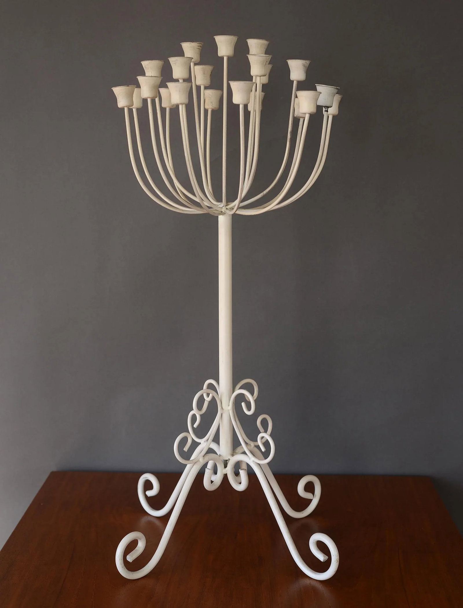 Vintage Sculptural French Country White Metal Candelabra Stand - 13