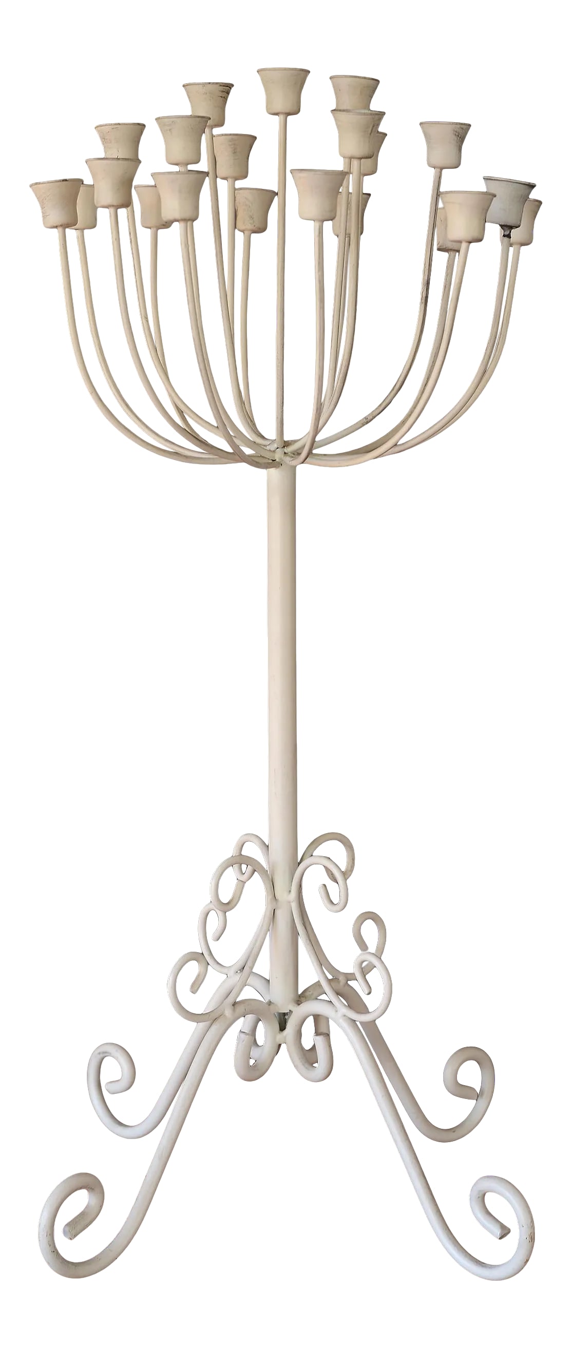 Vintage Sculptural French Country White Metal Candelabra Stand: Striking vintage 1970s French country style metal candelabra with an ornate base in an antique white finish. This candelabra holds a whopping 21 candles but looks so sculptural that you can even displ