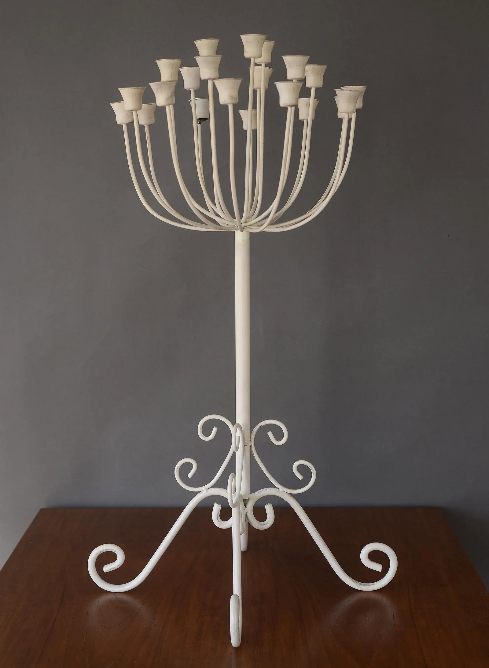 Vintage Sculptural French Country White Metal Candelabra Stand - 4