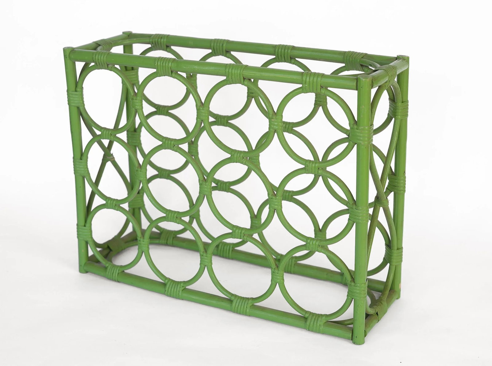 Vintage 1970s Boho Green Rattan 12-Bottle Wine Rack - 13