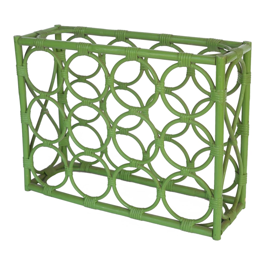 Vintage 1970s Boho Green Rattan 12-Bottle Wine Rack: How can a wine rack be this awesome you ask? Well this one truly is! A rare relic from the 1970s in all of its boho magnificence made of rattan that's painted in green. I've never seen one in this