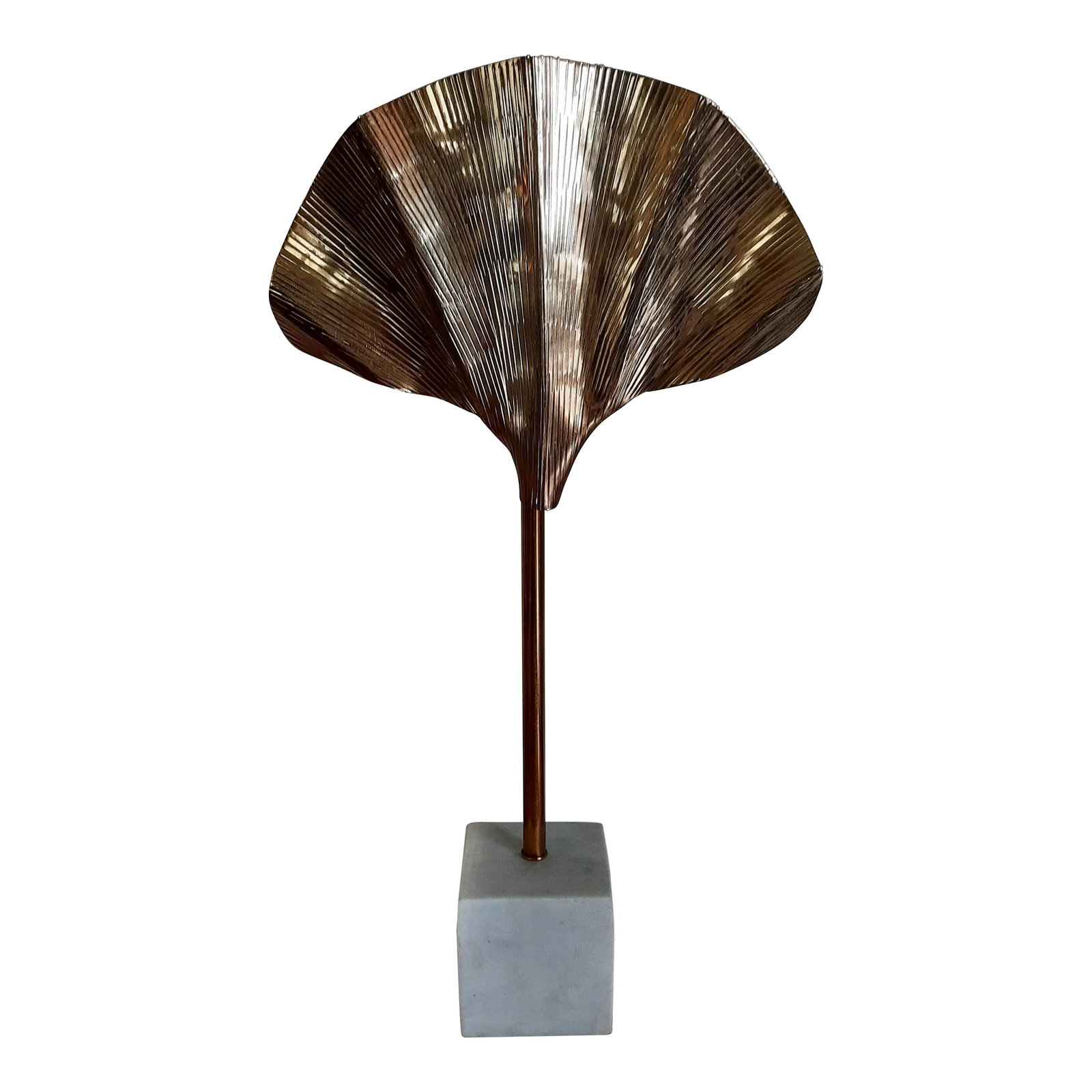Scallop Fan Table Lamp: Market found, I love the modern organic nature of this scallop shaped metal fan floating with a socket behind to create rear uplight and attached to a 4" cube solid white marble base. Maximum 60 watt