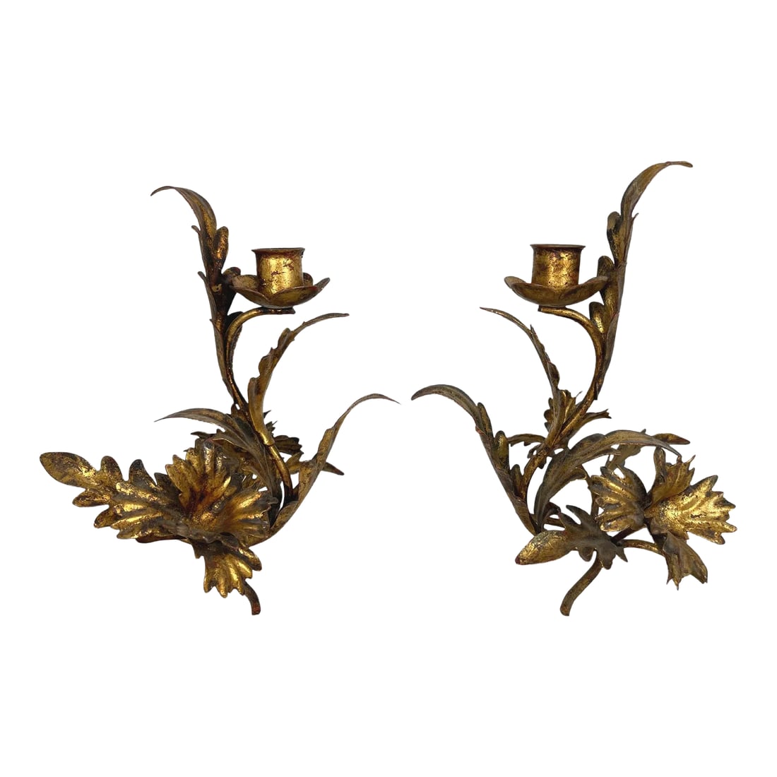 1950s Italian Tole Candleholders - a Pair: 1950's Italian tole candle holders with gold gilt finish. Made in Italy. Minimal age wear. Condition: Alterations: Original Condition Unaltered Imperfections: Some Imperfections Condition Notes: