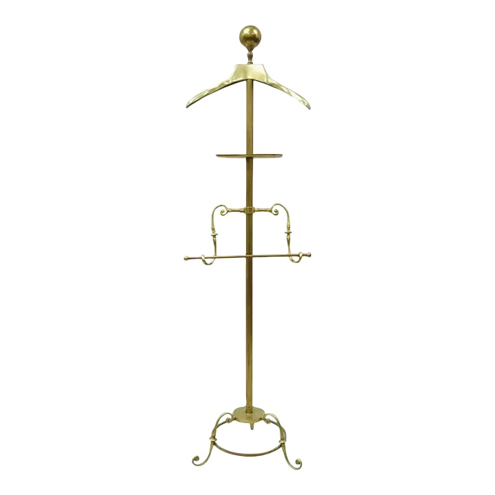Mid 20th Century Glo-Mar Brass Cannonball Art Deco Gentleman's Suit Clothing Valet Stand With Adjust: Vintage Glo-Mar Brass Cannonball Art Deco Gentlemans Suit Clothing Valet Stand with adjustable dish and adjustable pants hanger with polished patina, c. 1940. 62H x 18W x 15D Condition: Alterations: