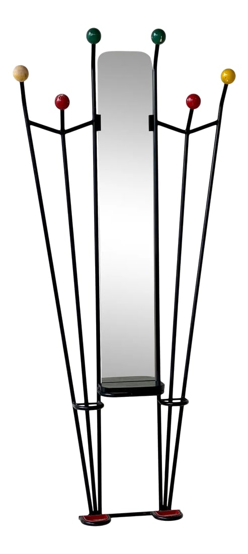 Vintage French Modern Foyer Tree With Mirror by Roger Feraud, Circa 1950s: Vintage French modernist sculptural wall tree attributed to designer Roger Feraud, circa 1950s. This commanding piece is constructed of a black tubular frame with a central mirror + valet.