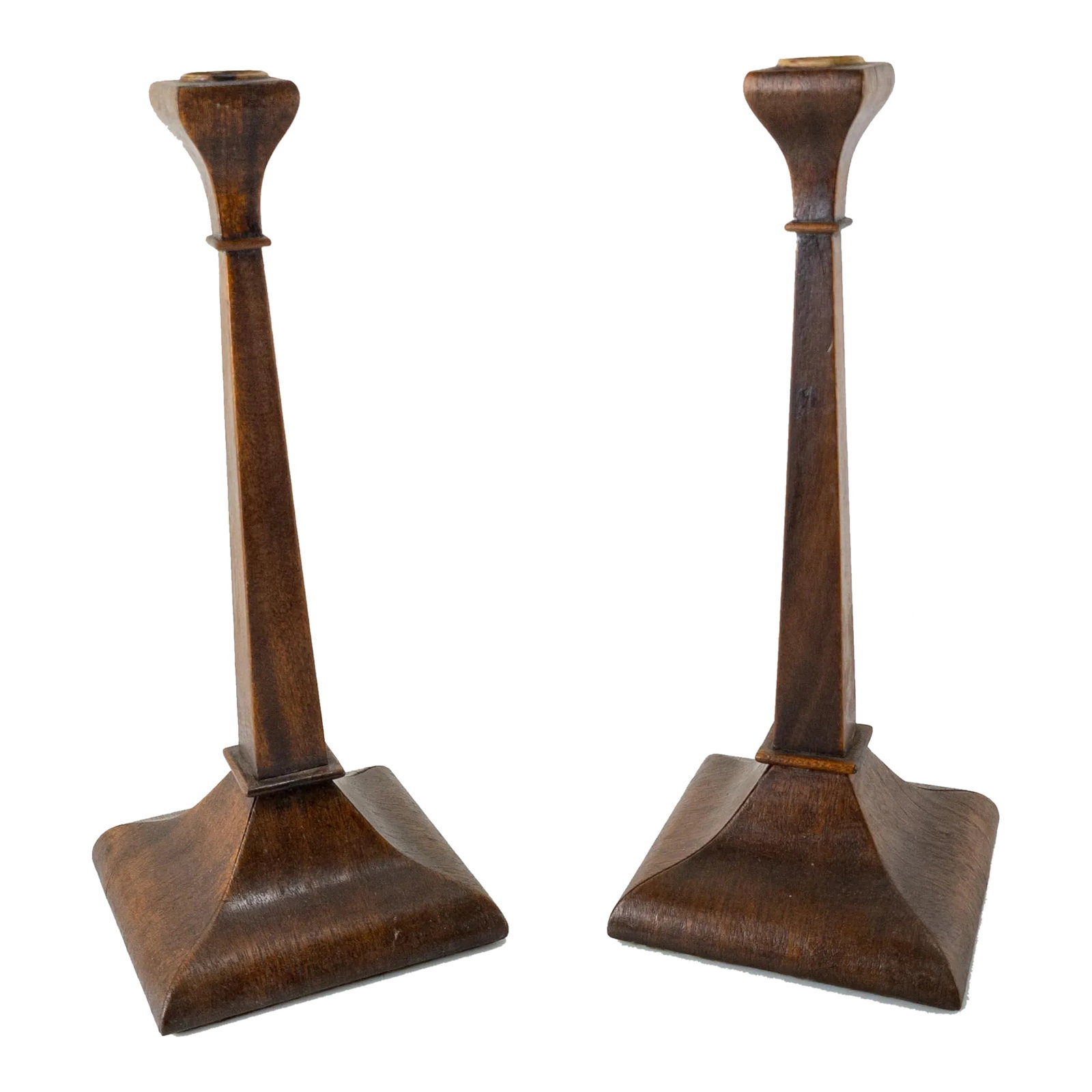 Early 20th Century Walnut Veneer Candlesticks- a Pair: We are selling this handsome pair of candlesticks. These English or American style candlesticks have nice walnut veneer on wood construction. The candlesticks are probably early to mid 20th century.