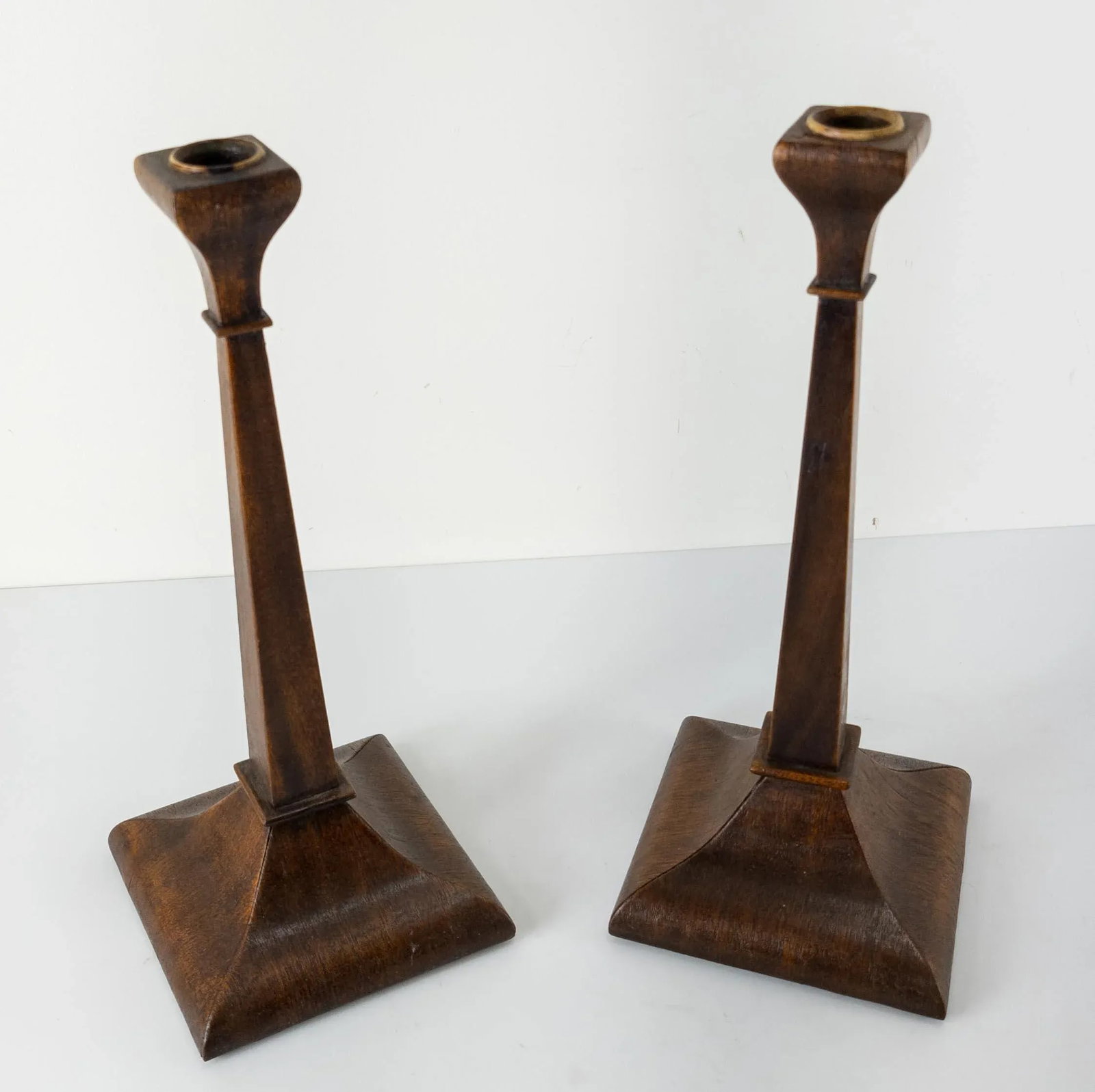Early 20th Century Walnut Veneer Candlesticks- a Pair - 2