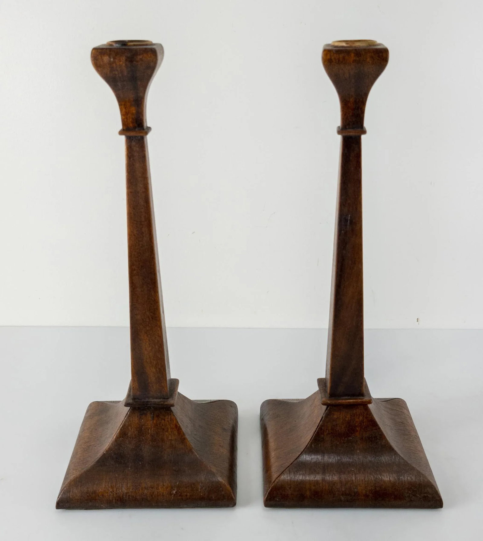 Early 20th Century Walnut Veneer Candlesticks- a Pair - 3