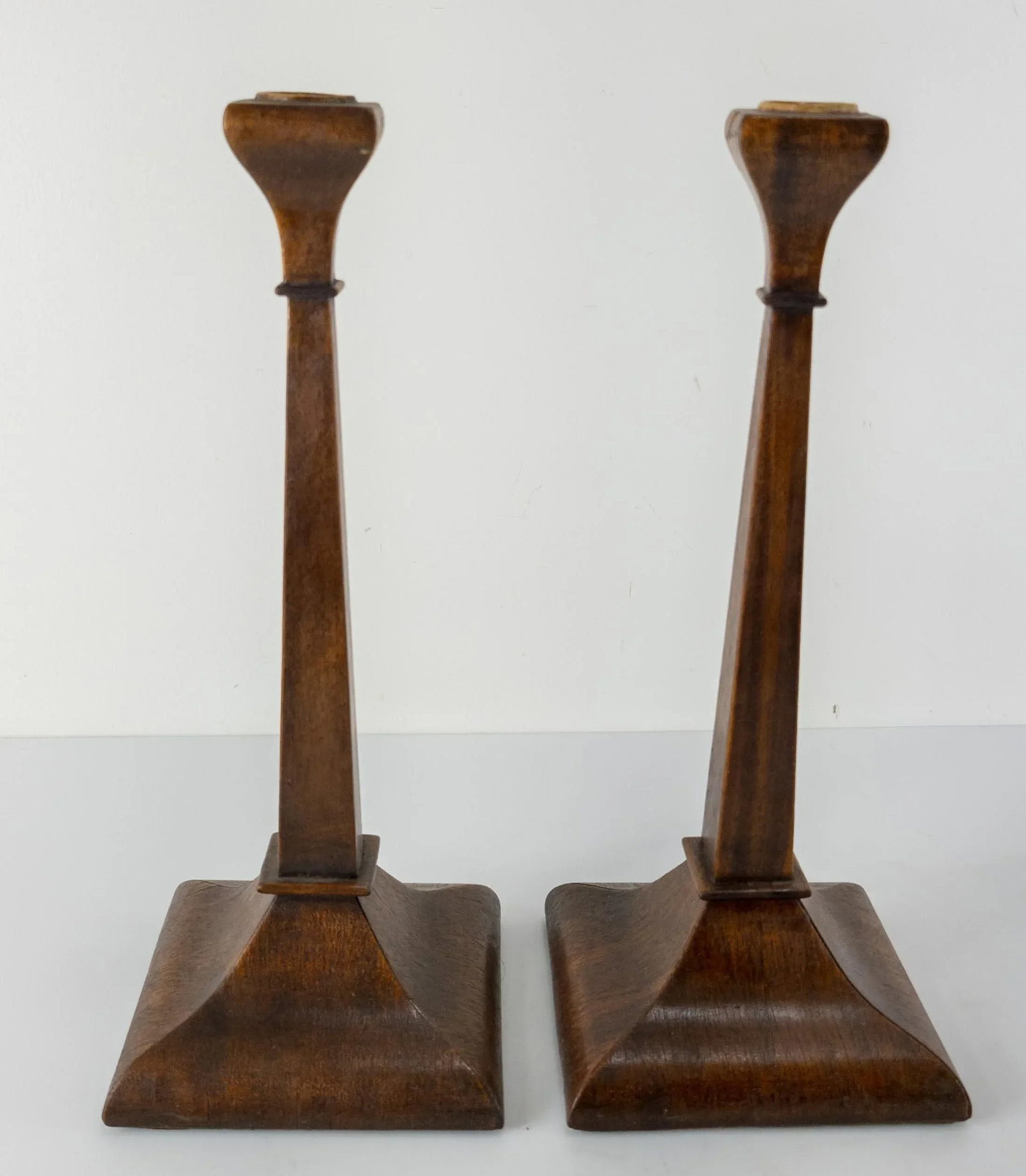 Early 20th Century Walnut Veneer Candlesticks- a Pair - 4