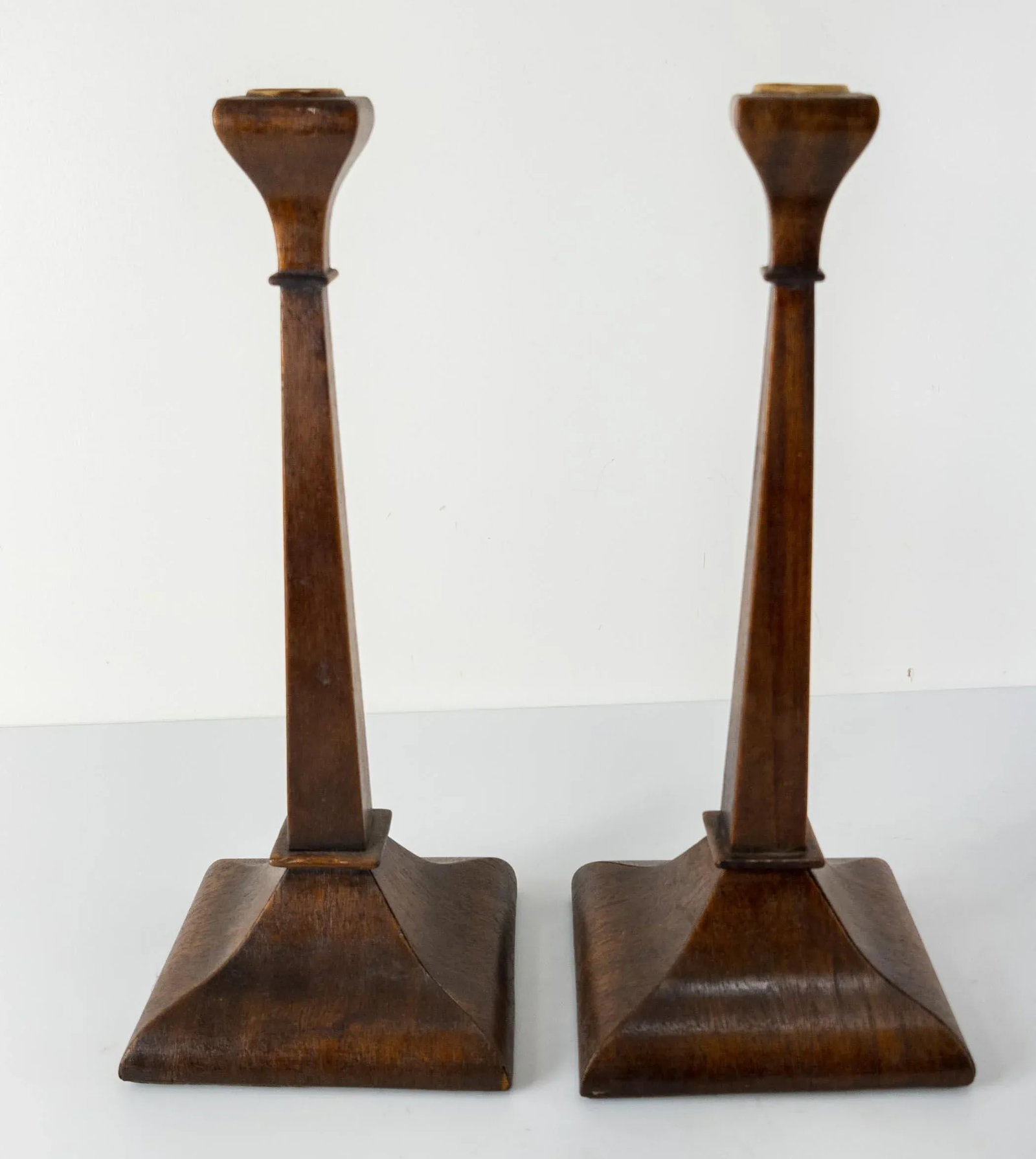 Early 20th Century Walnut Veneer Candlesticks- a Pair - 6