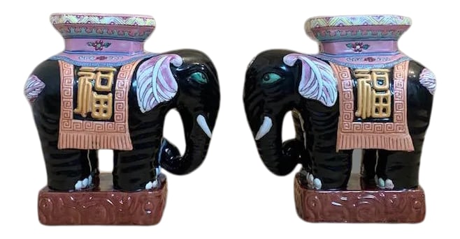 Maitland Smith Elephant Ceramic Plant Stands - a Pair: Bright colored Maitland Smith ceramic elephants. Use as plant stands/bookends/decorative objets on a console table or bookshelf. Excellent vintage condition! Condition: Alterations: Original Condition