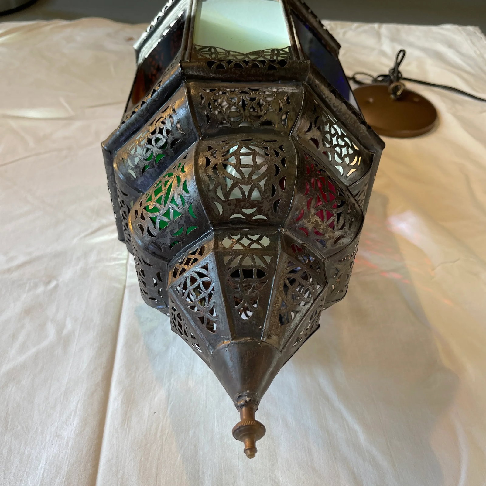 Late 20th Century Moroccan Handcrafted Pendant Light With Multi Color Glass Panels - 12
