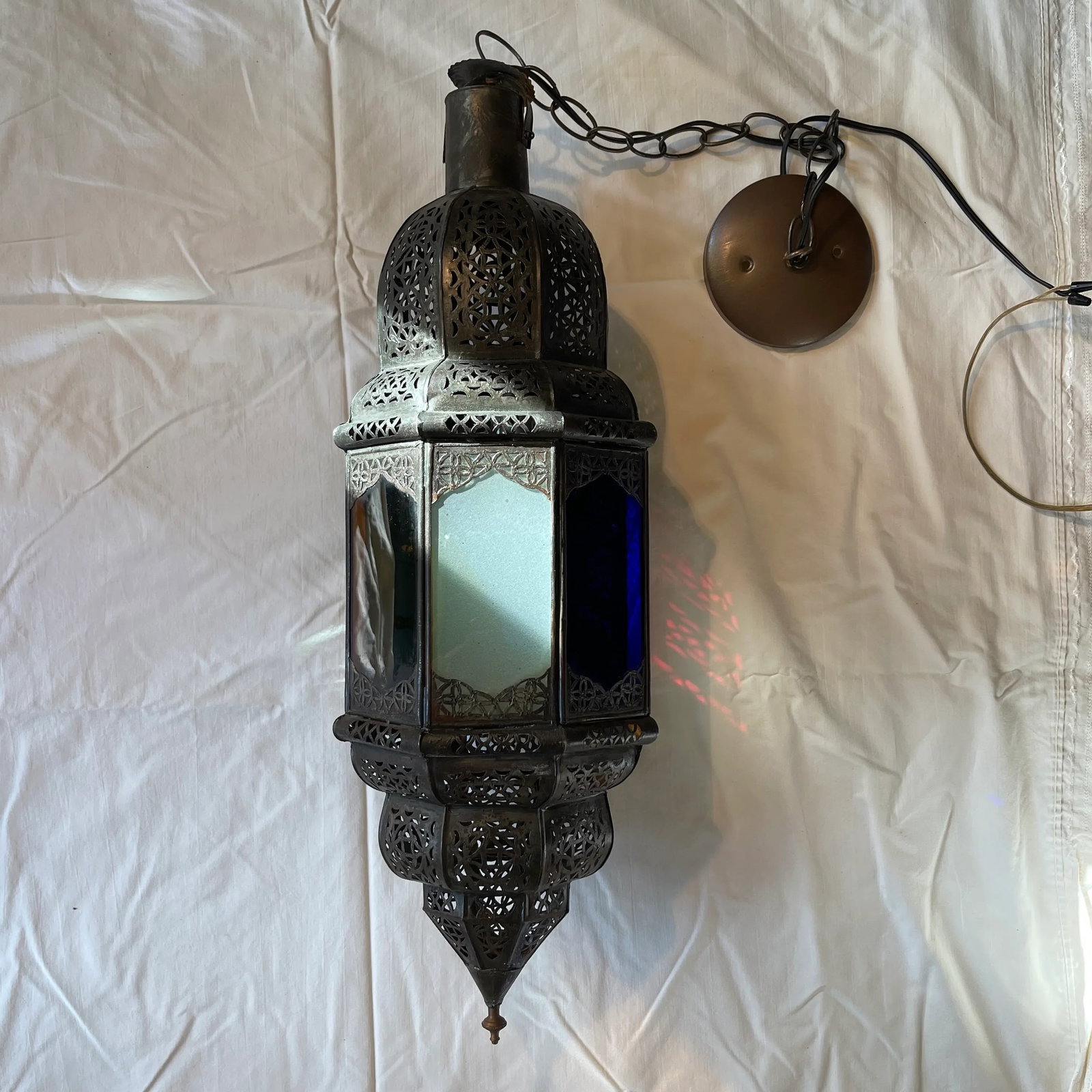 Late 20th Century Moroccan Handcrafted Pendant Light With Multi Color Glass Panels - 13