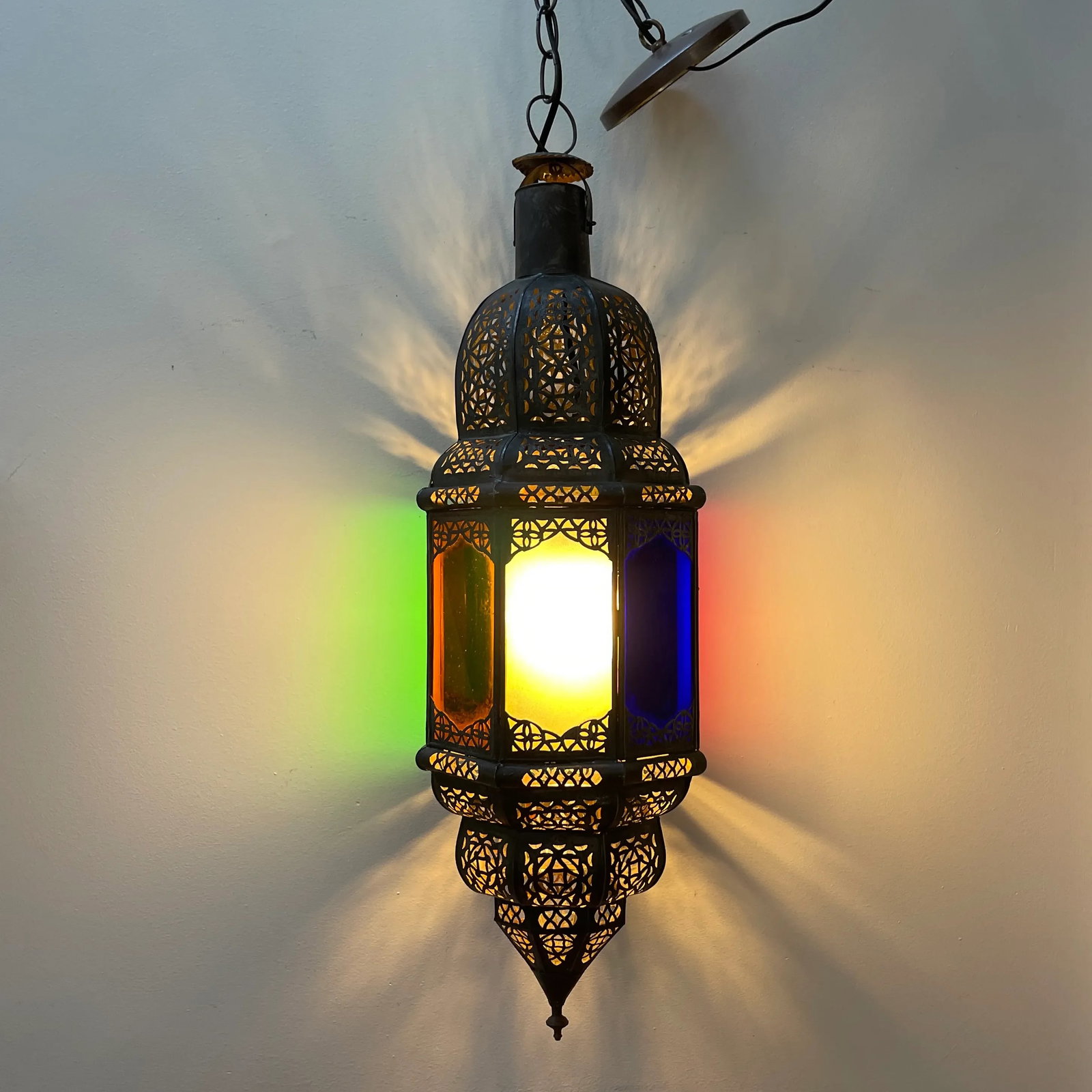 Late 20th Century Moroccan Handcrafted Pendant Light With Multi Color Glass Panels - 2