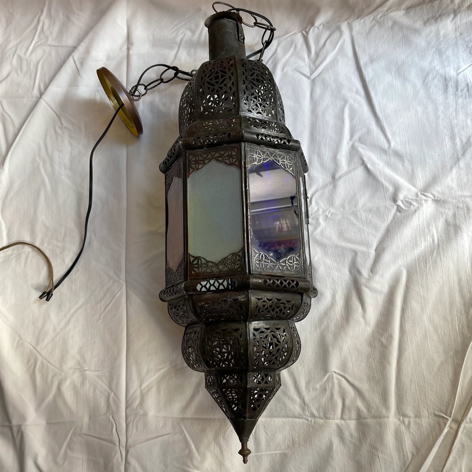 Late 20th Century Moroccan Handcrafted Pendant Light With Multi Color Glass Panels - 3