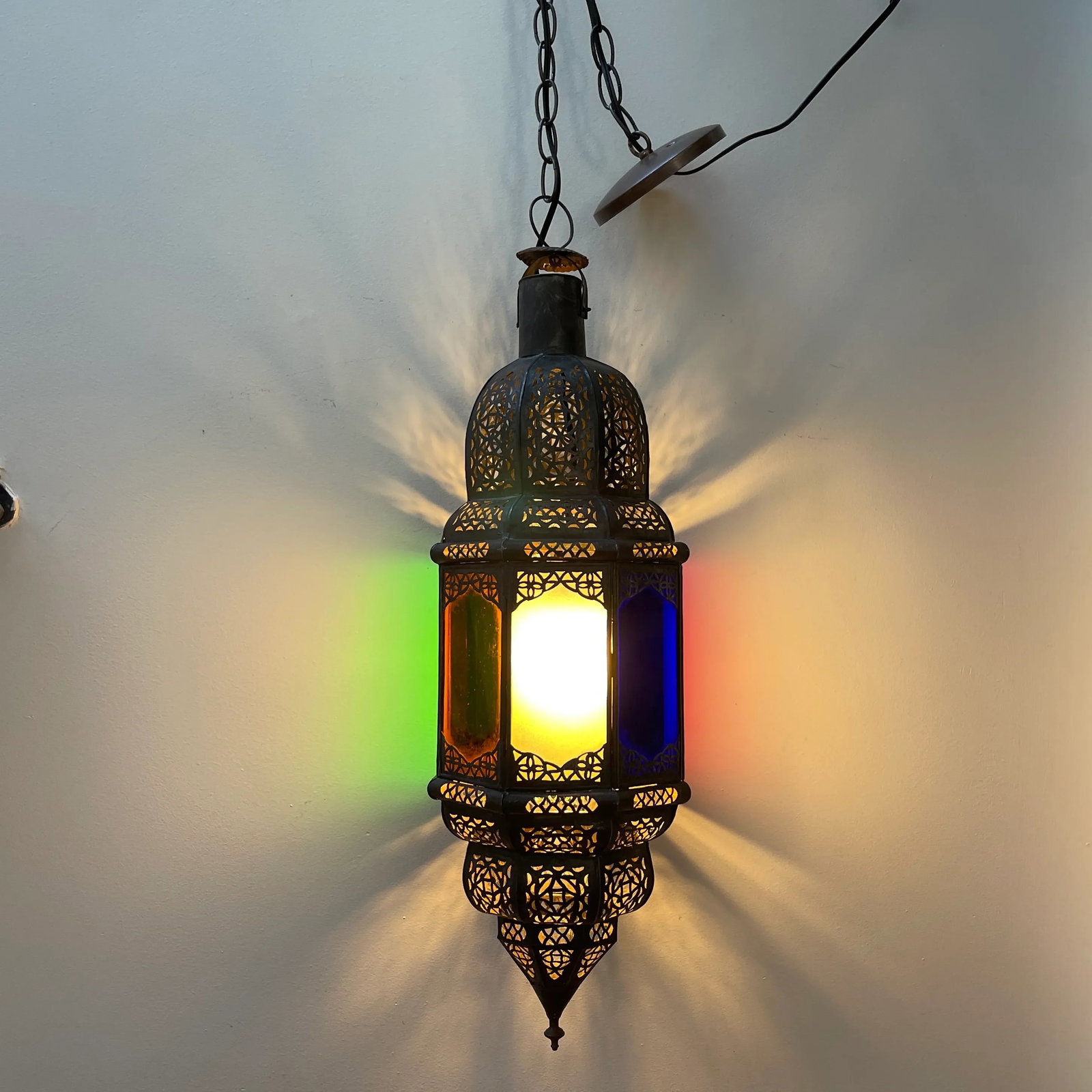 Late 20th Century Moroccan Handcrafted Pendant Light With Multi Color Glass Panels - 4
