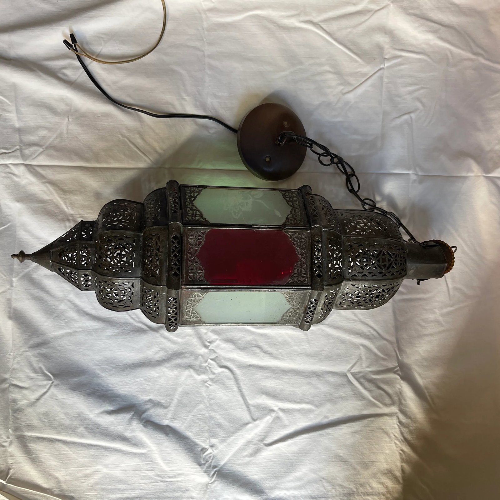 Late 20th Century Moroccan Handcrafted Pendant Light With Multi Color Glass Panels - 6
