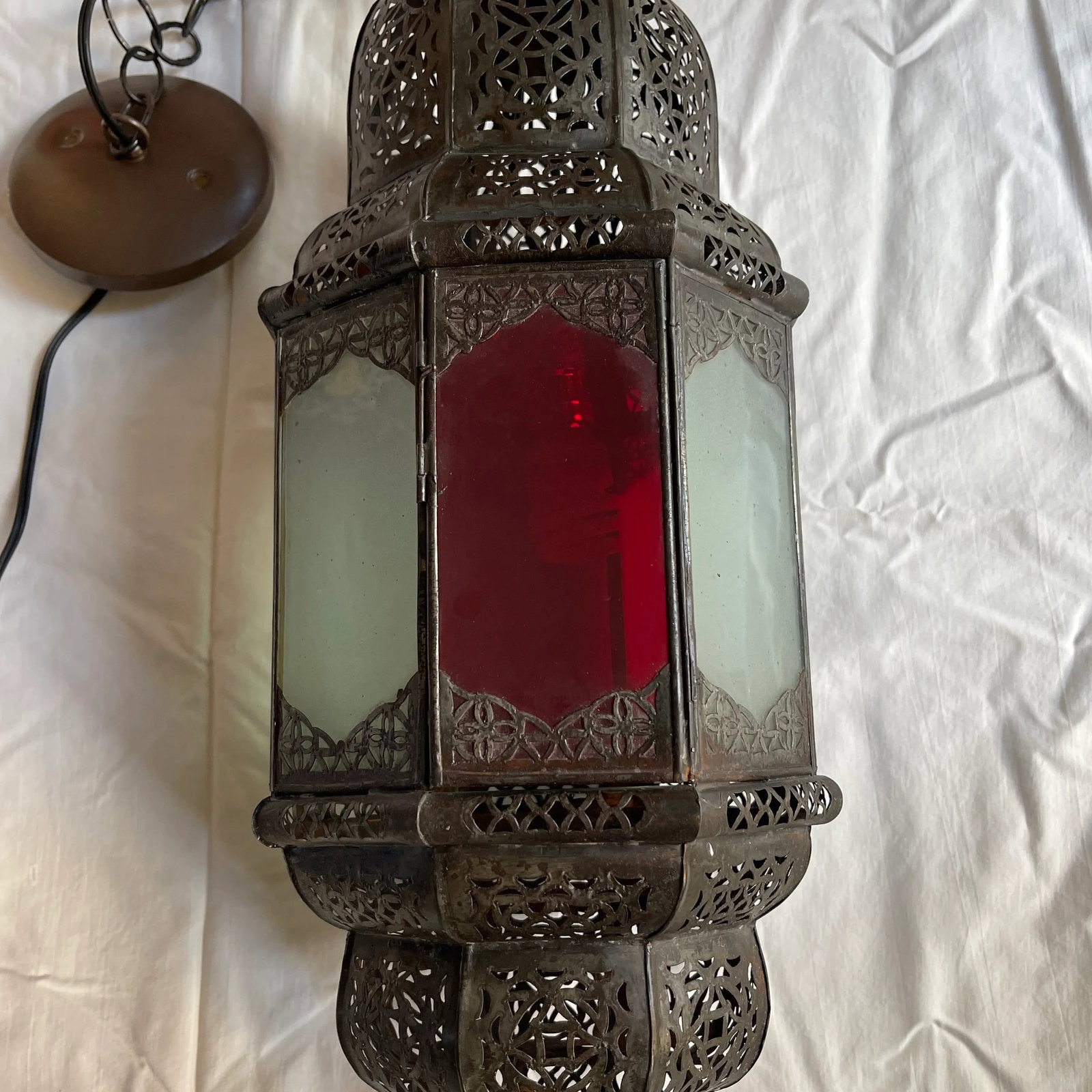 Late 20th Century Moroccan Handcrafted Pendant Light With Multi Color Glass Panels - 7