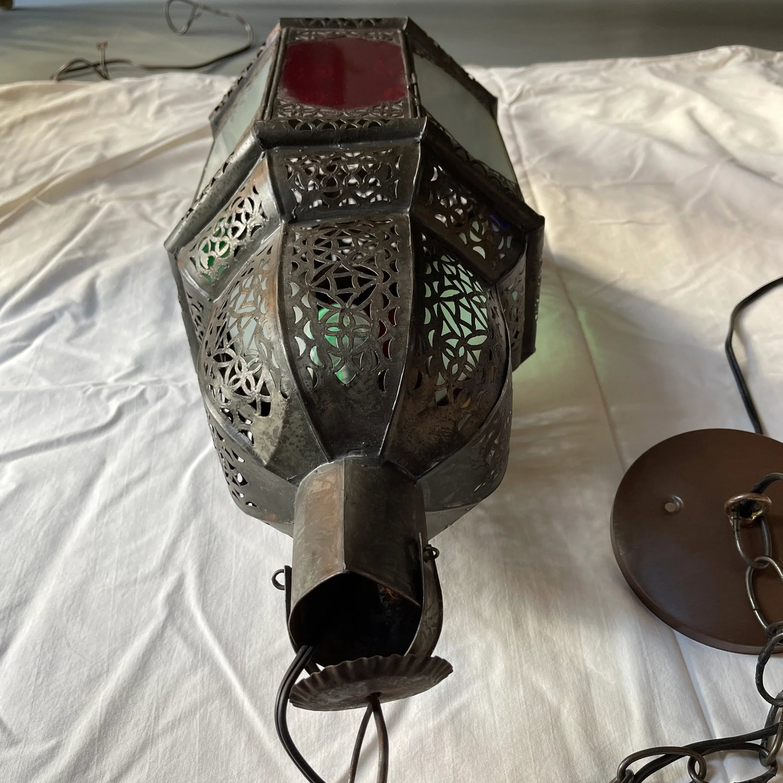 Late 20th Century Moroccan Handcrafted Pendant Light With Multi Color Glass Panels - 8