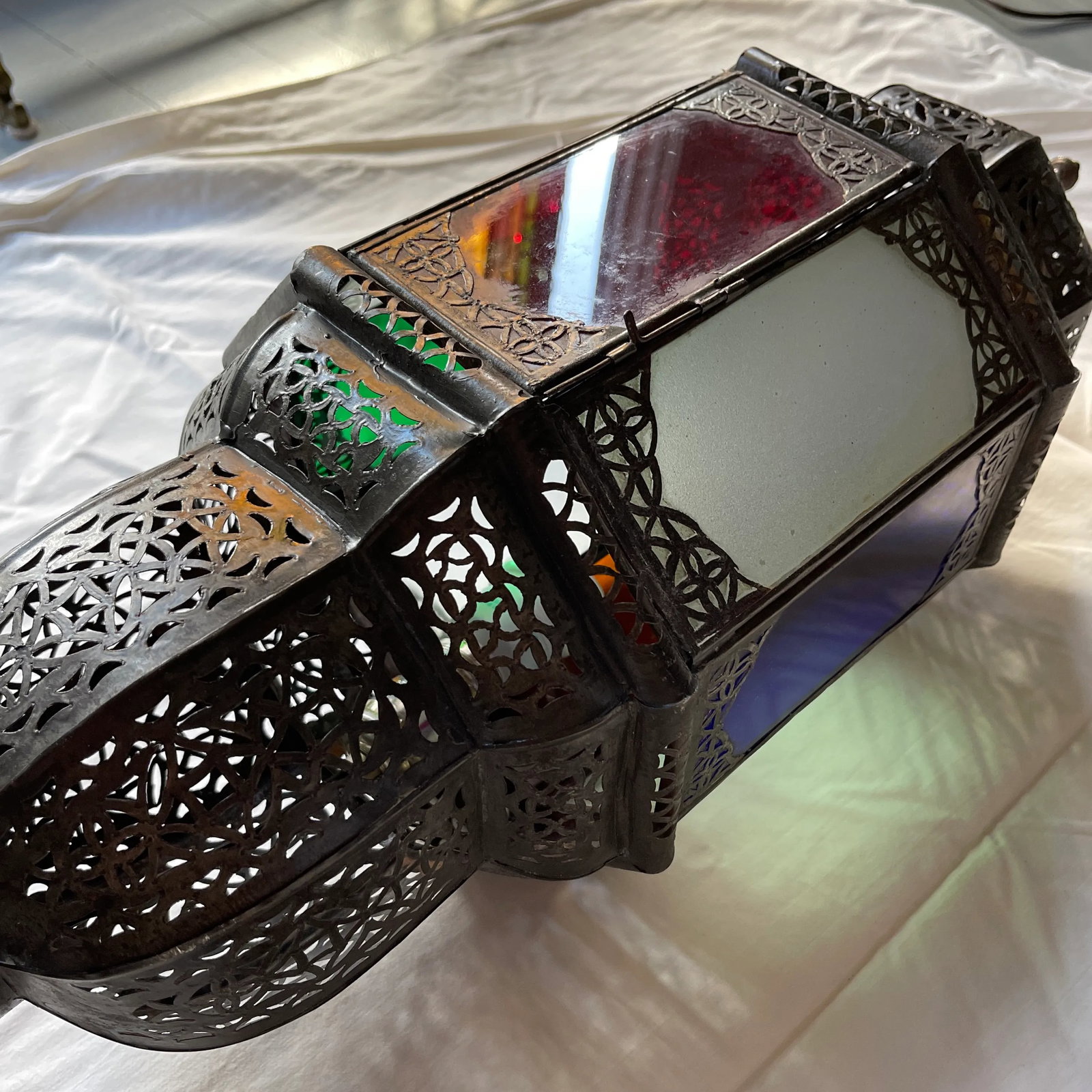 Late 20th Century Moroccan Handcrafted Pendant Light With Multi Color Glass Panels - 9