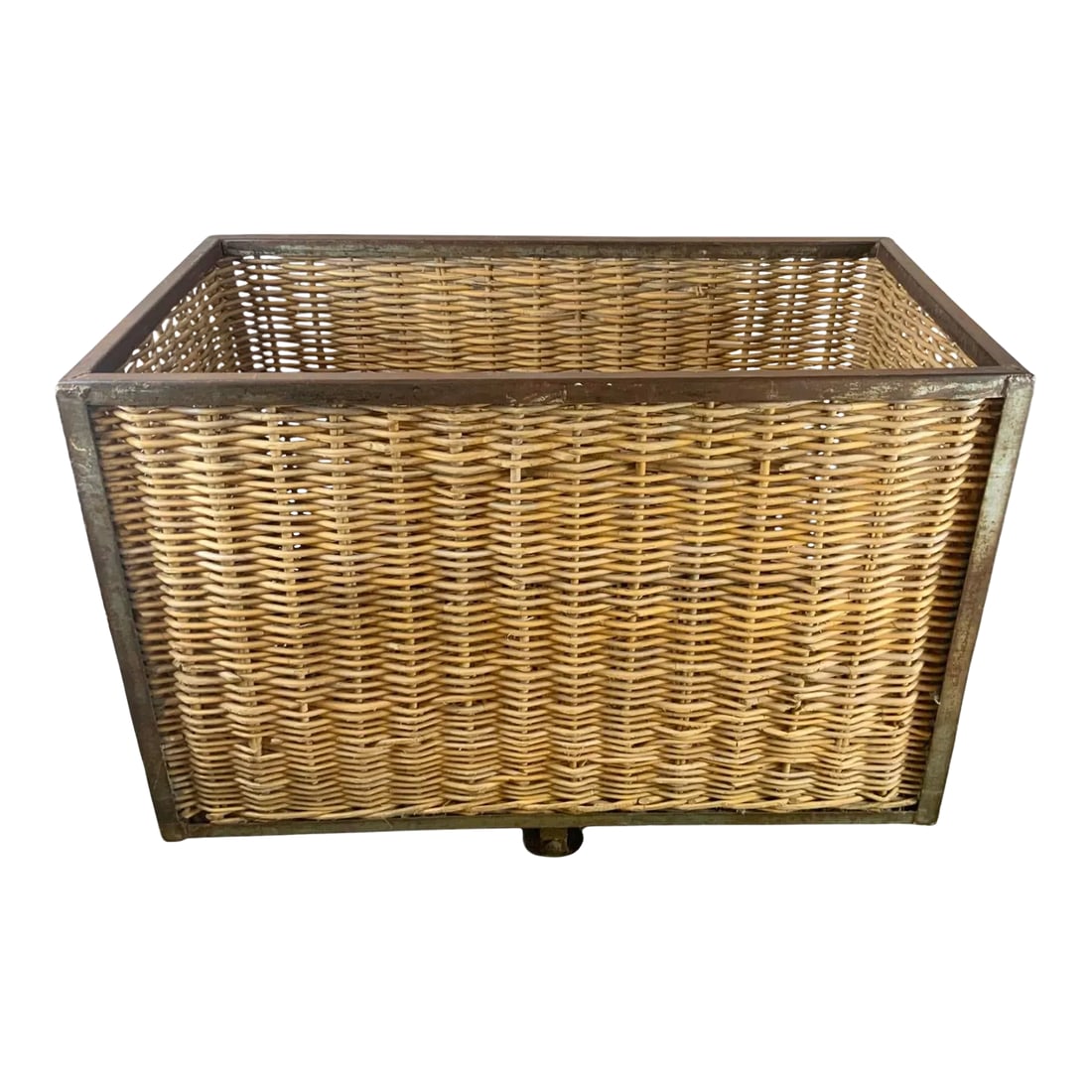 1940s French Wicker Rolling Cart: This beautiful French wicker rolling cart was skillfully woven from pencil reed rattan. Used originally in a French factory, it has a fantastic weathered patina. Its size and shape highlight the