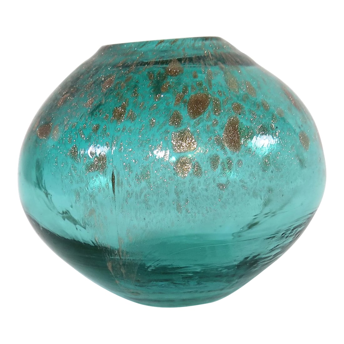 1950s Formia Italian Vetri DI Murano Art Glass Vase: Rare Formia Vetri Di Murano vintage blue-green art glass vase. It has the traditional Murano gold sprinkles and circles that identify most Murano pieces. I bought this in an antique store in Napa