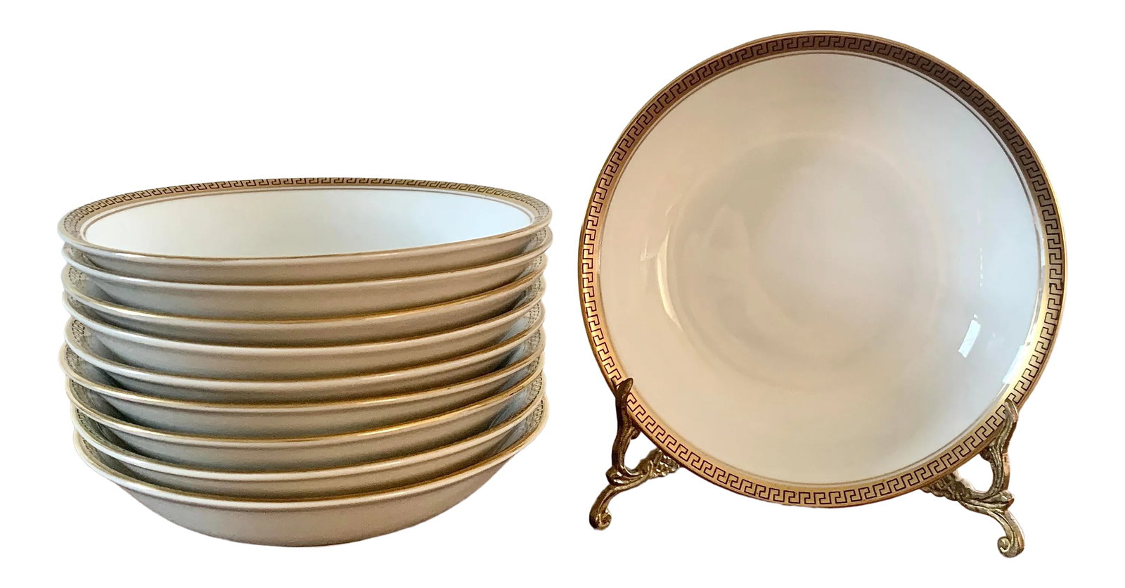 Antique German Greek Key Rimmed Berry Bowls by Kpm, 1920s: A gorgeous set of ten Greek key rimmed berry bowls By KPM Porcelain Germany, Circa 1920s Measures: 5.38"W x 5.38"D x 1.25"H. Excellent original condition. Condition: Alterations: Original Condition