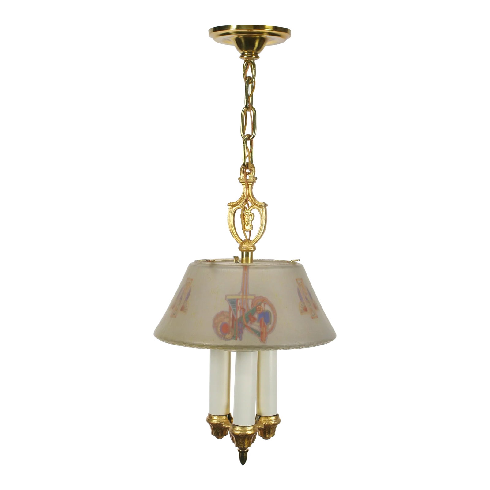 1920s Lightolier "Dinolier" Chandelier With Nouveau or Deco Patterned Shade #2203: Lovely 1920s light by the Lightolier Company of New York. They referred to these as "Dinoliers" and made a series of larger fixtures as well. Lovely shade has applied designs in a hybrid style of art