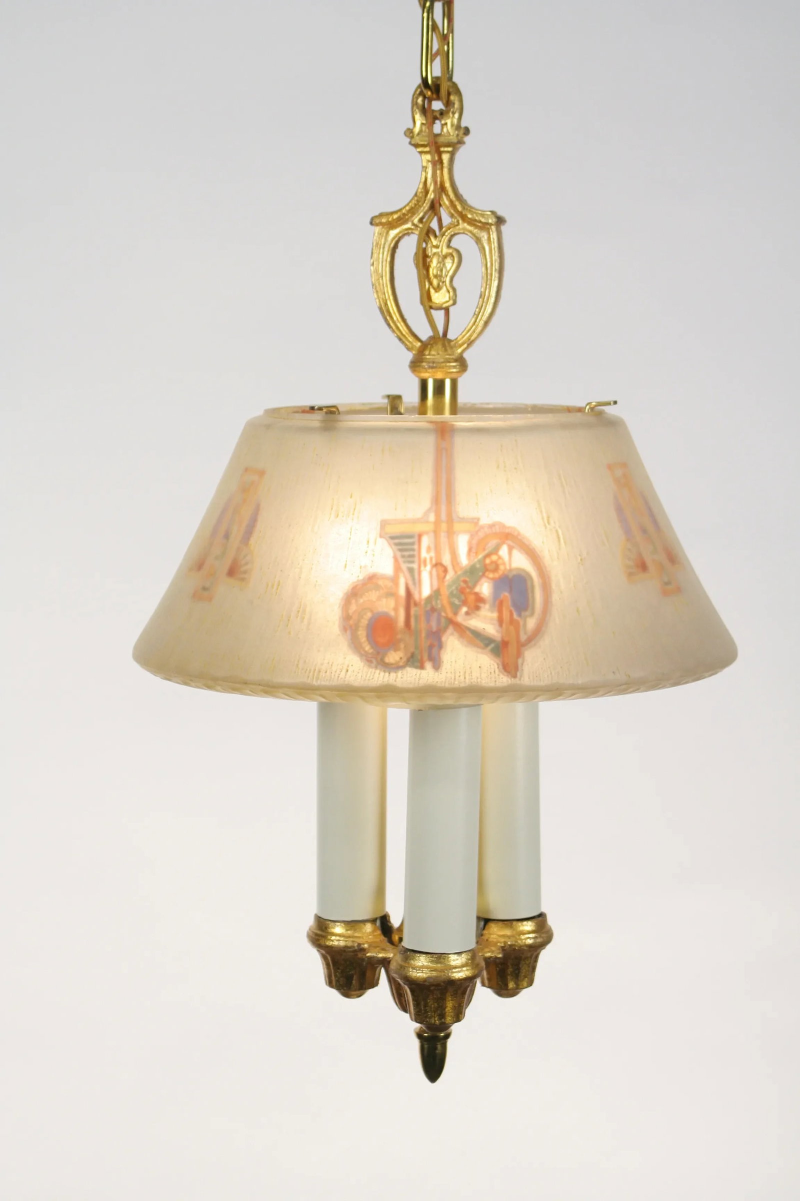 1920s Lightolier "Dinolier" Chandelier With Nouveau or Deco Patterned Shade #2203 - 2