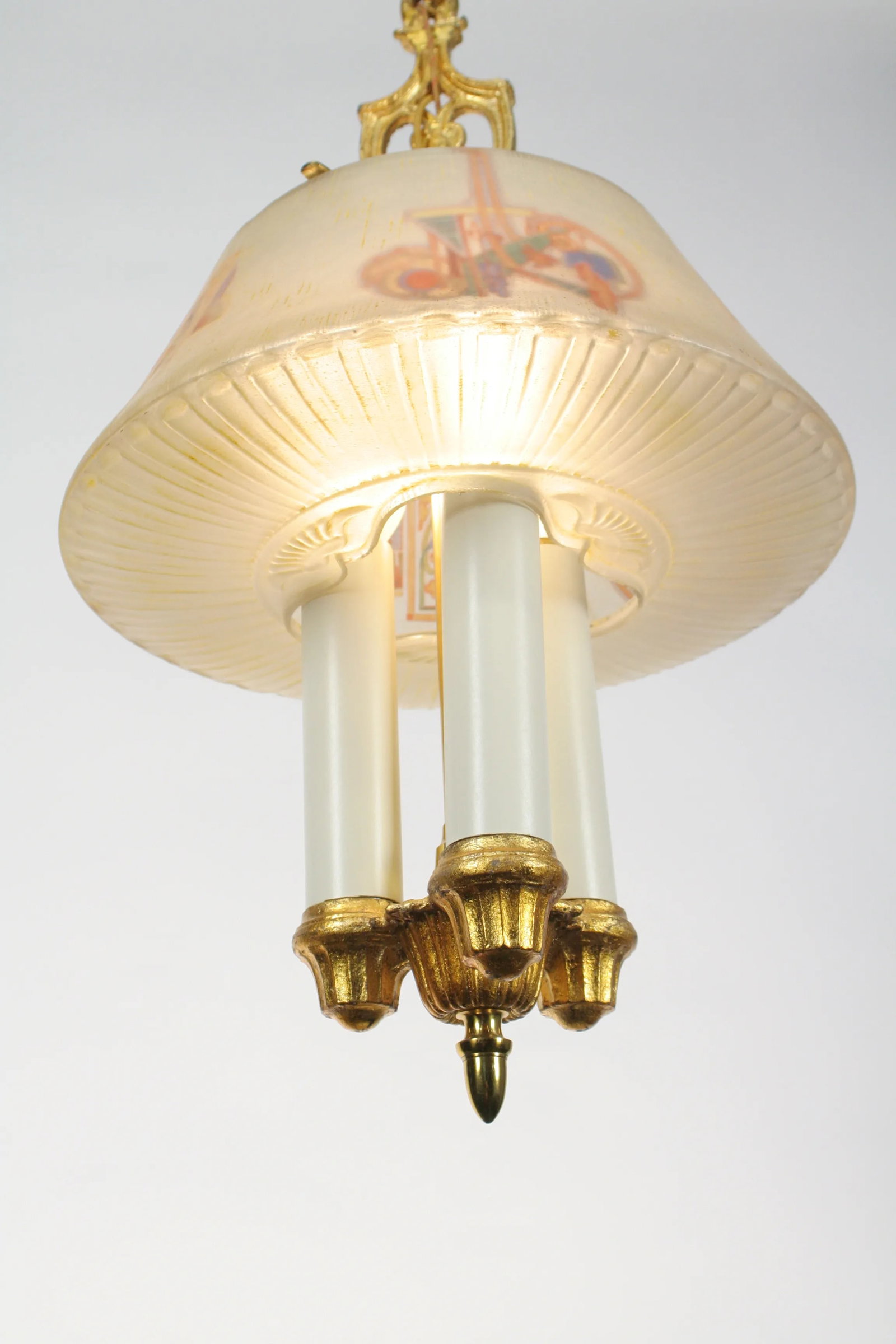 1920s Lightolier "Dinolier" Chandelier With Nouveau or Deco Patterned Shade #2203 - 7