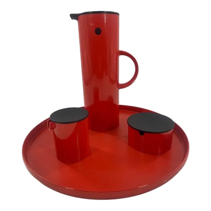 Vintage Modern Danish Coffee, Sugar and Creamer With Tray Set by Erik Magnussen: Vintage Danish Modern Space Age Coffee, Sugar and Creamer with Tray Set by Erik Magnussen for Stelton - 4 Piece Set Space Age coffee set designed by Erik Magnussen for Stelton in a vibrant red color