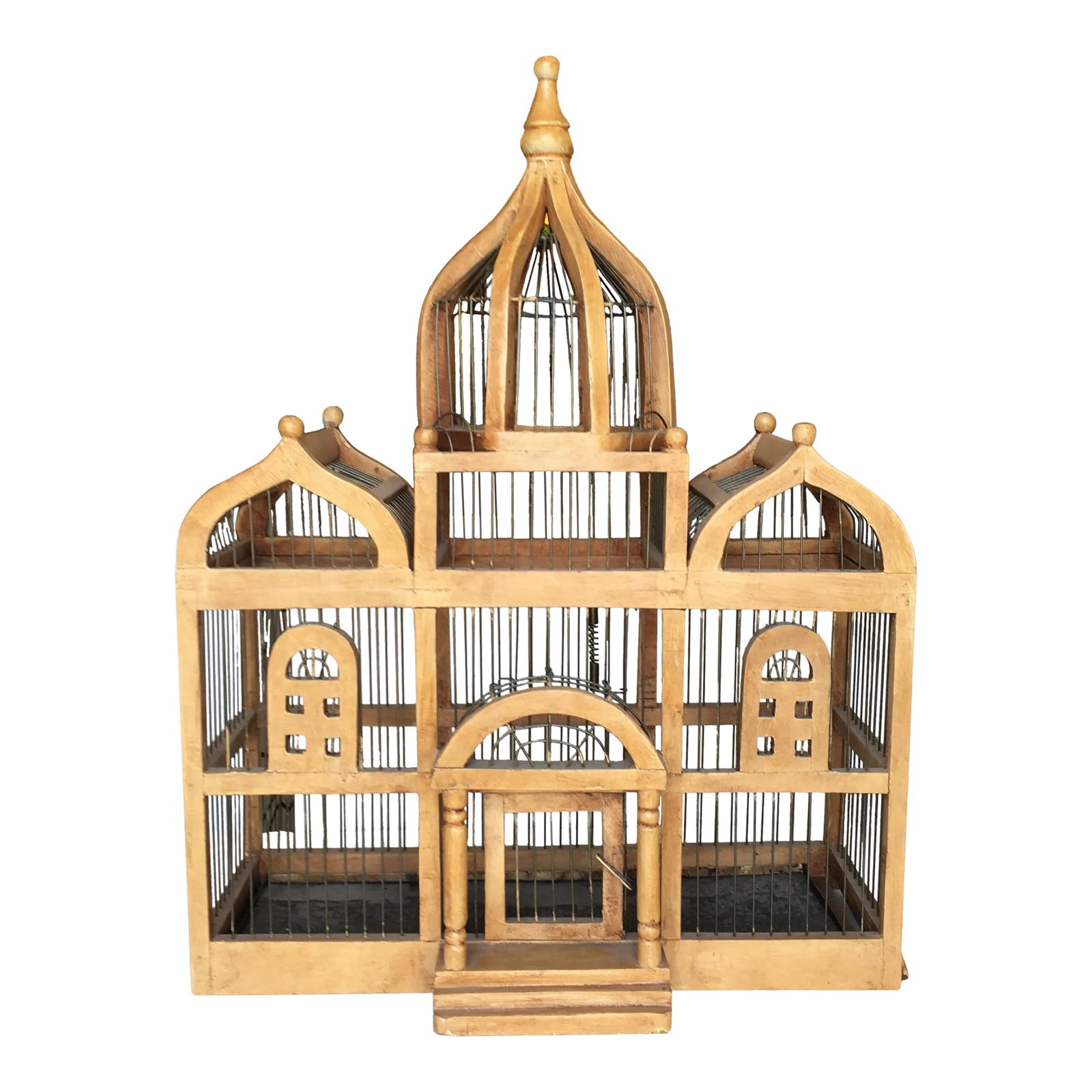 Vintage Wood and Metal Domed - Top Hand - Made Bird Cage: Hand made bird cage with wood frame and metal wiring. The design is fantastic and looks like a palace. The front door opens with a small latch and the architecture is very realistic with a Moorish