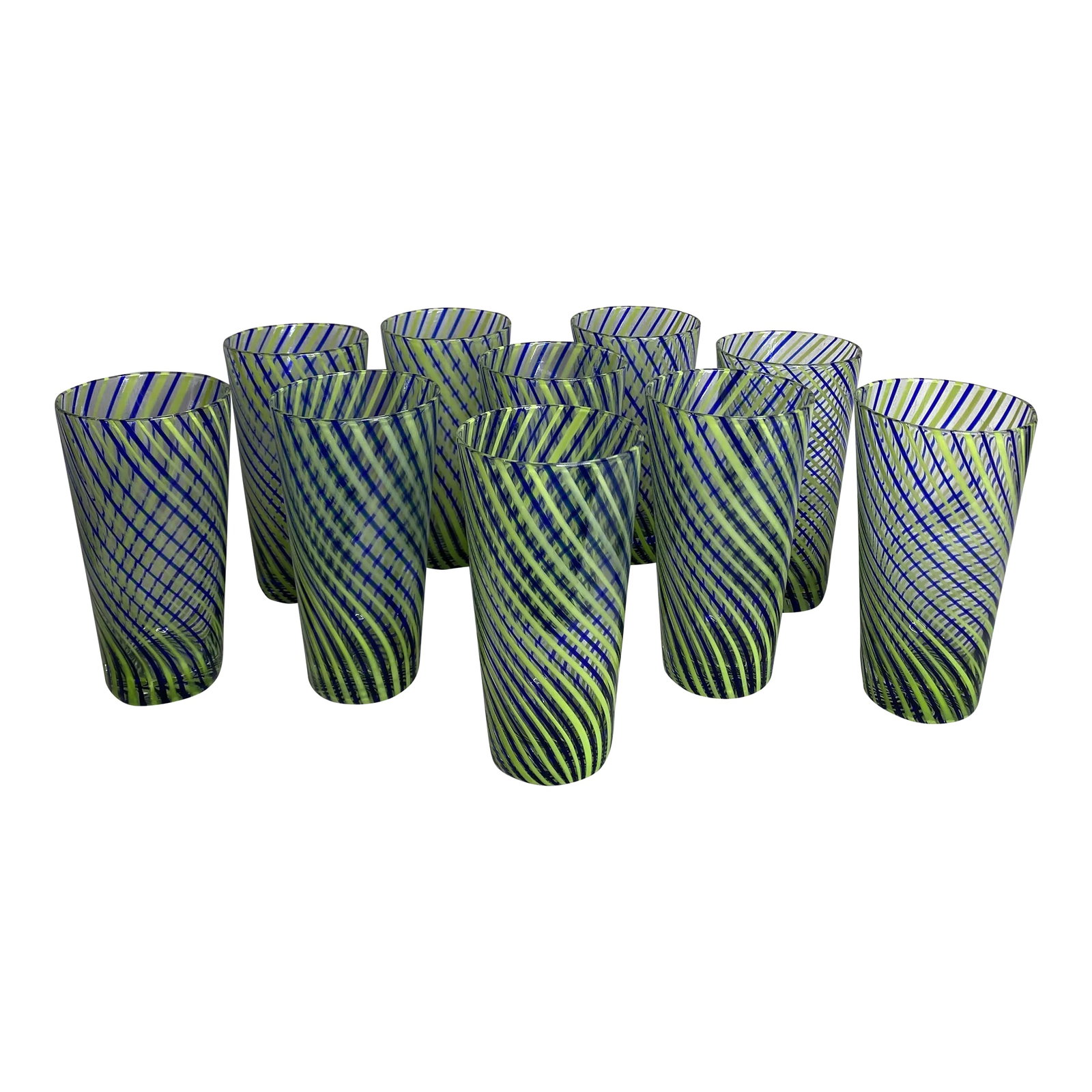 Late 20th Century Hand-Blown Glasses- Set of 10: special set of hand blown Venini style glass highball tumblers. The swirling pattern was produced in the same manner used by the Murano glass blowers using colored and clear canes of glass and