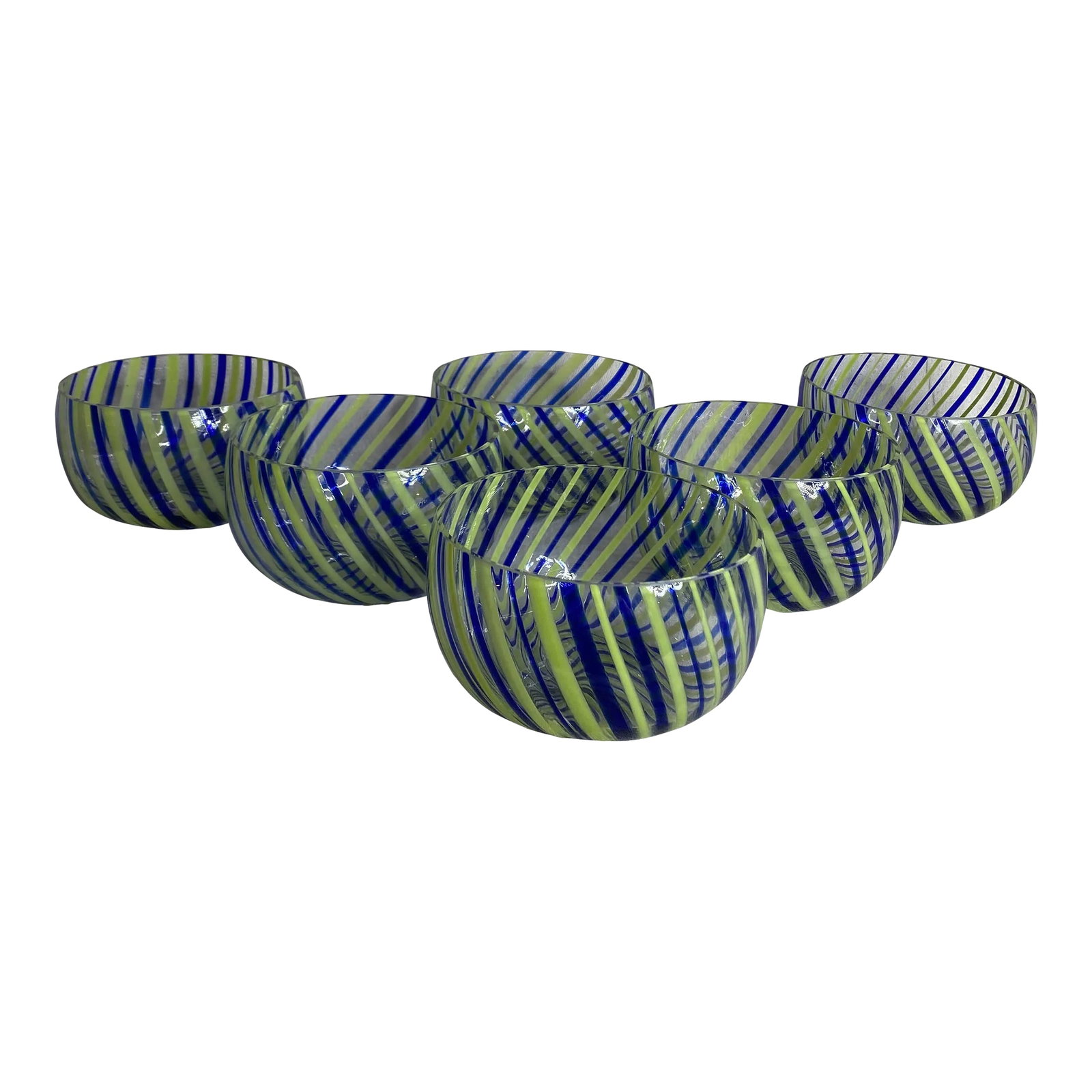 Late 20th Century Hand-Blown Vinini-Style Bowls- Set of 6: Six lovely vintage art glass hand blown bowls marked Eastern. The cobalt, chartreuse and clear swirled striped bowls are extremely similar to Gio Ponti for Venini cane glasses and most likely