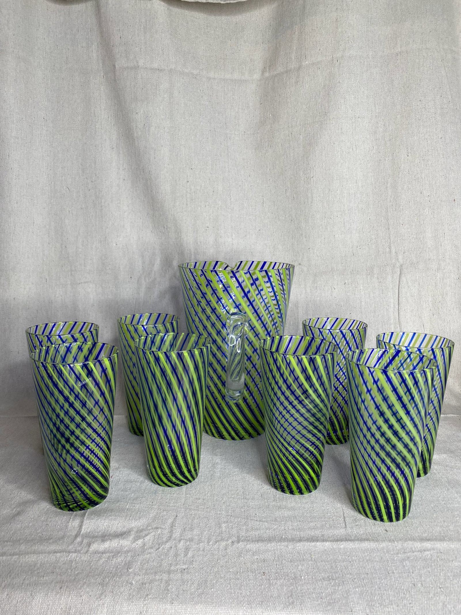 Vintage Hand-Blown Venini-Style Pitcher & Highball Glasses Set- 9 Pieces - 13