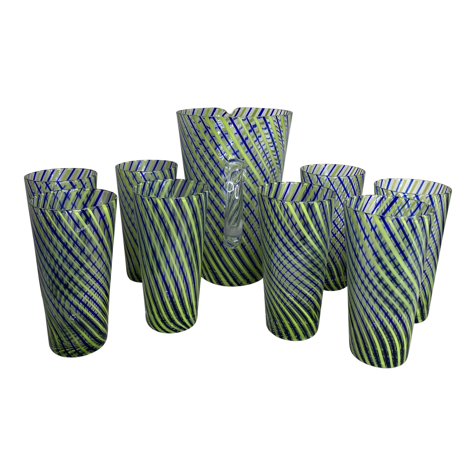 Vintage Hand-Blown Venini-Style Pitcher & Highball Glasses Set- 9 Pieces: Incredible set of eight Venini style hand blown cane glasses and pitcher by Eastern. The swirling pattern was produced in the same manner as the Murano glass blowers using colored canes of glass and