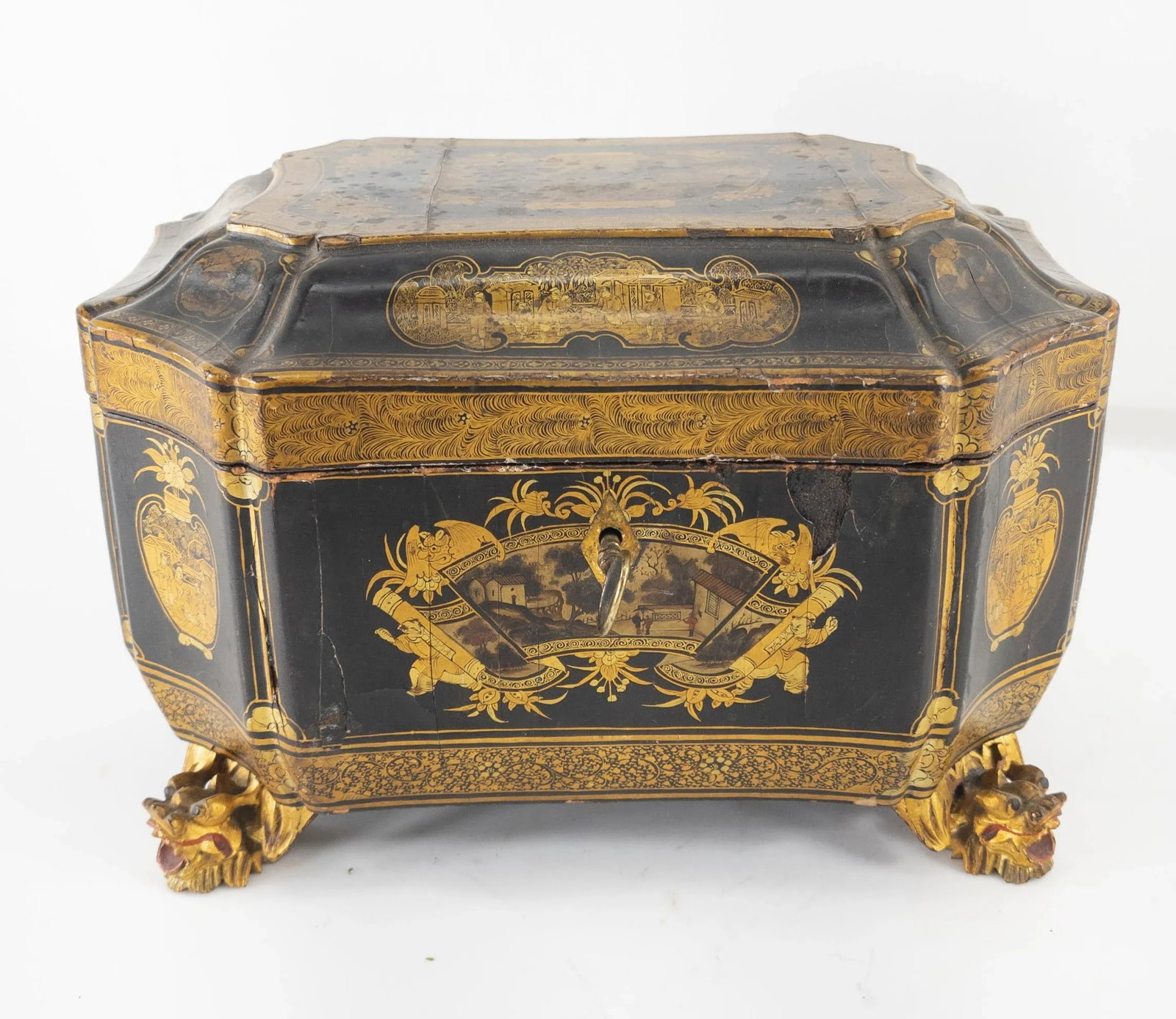 Chinese Black and Gold Lacquered Tea Caddy Box - 3