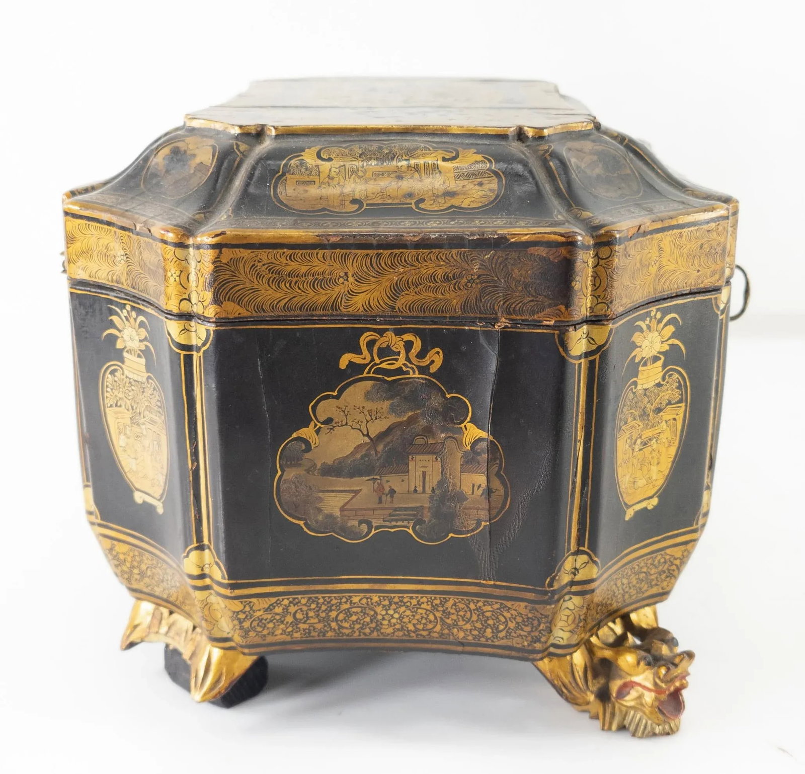 Chinese Black and Gold Lacquered Tea Caddy Box - 4