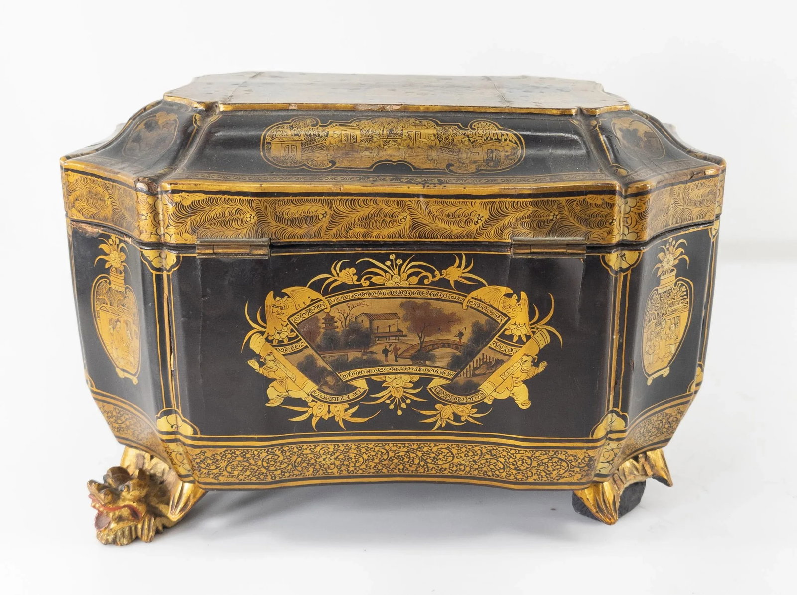 Chinese Black and Gold Lacquered Tea Caddy Box - 5