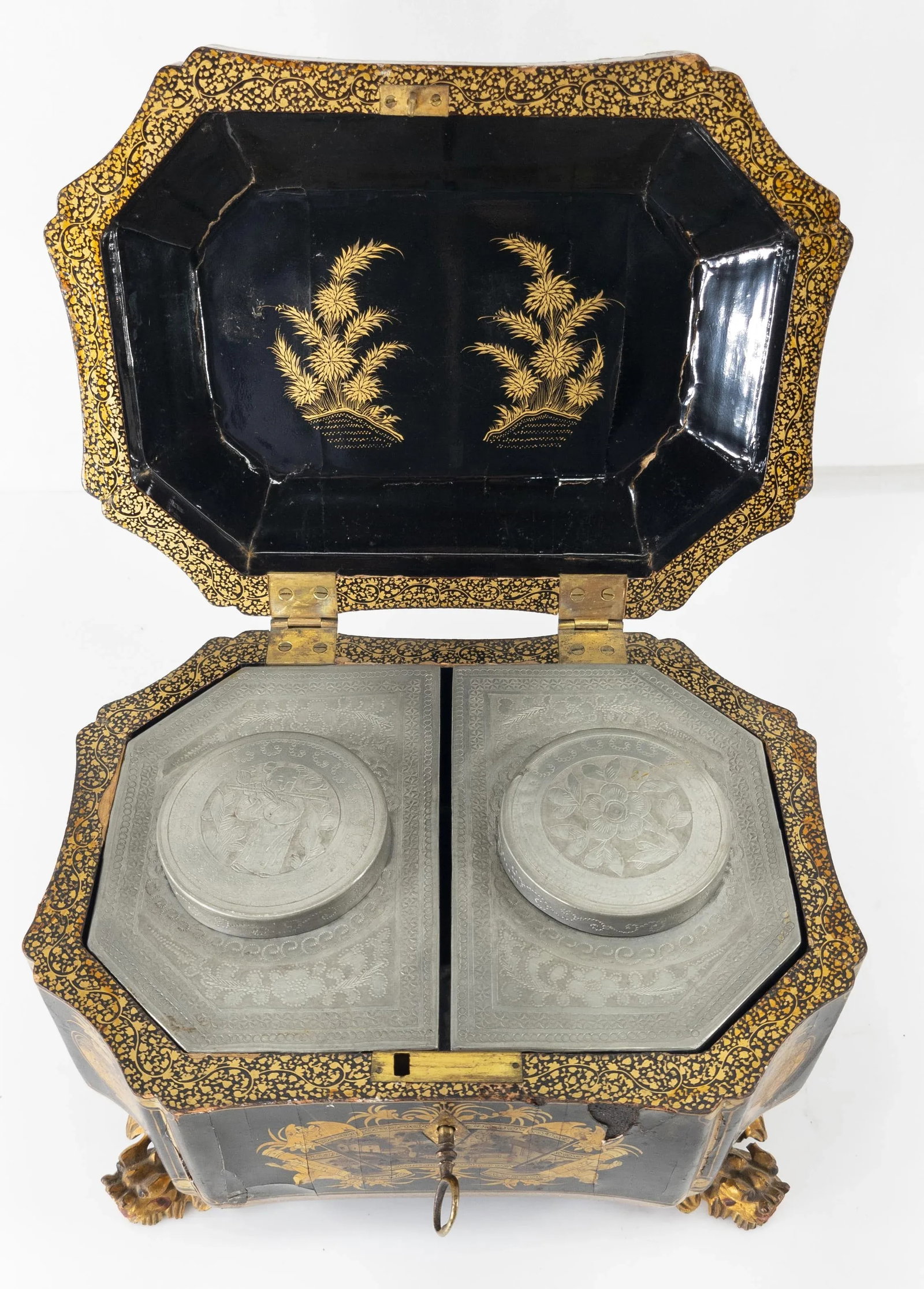 Chinese Black and Gold Lacquered Tea Caddy Box - 9