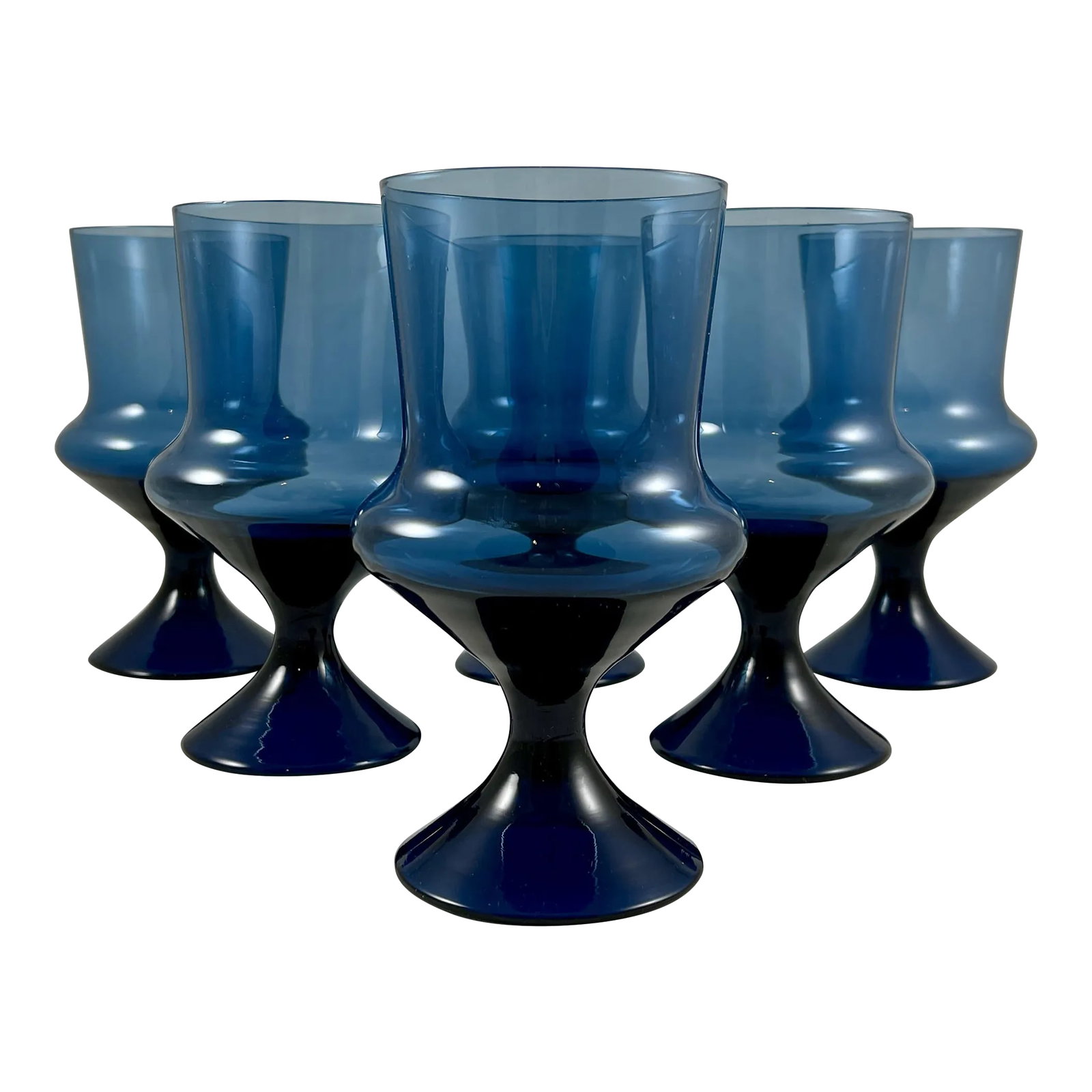 Mid-Century Scandinavian Modern Denby-Milnor Blue Flare Glass Goblets, S/6: From the Swedish Glass maker Denby-Milnor, a fabulous set of six Mid-Century Modern goblets, in the Blue Flare pattern, circa 1970s. Incredible Smoky Blue color! Fabulous shape. This pattern was