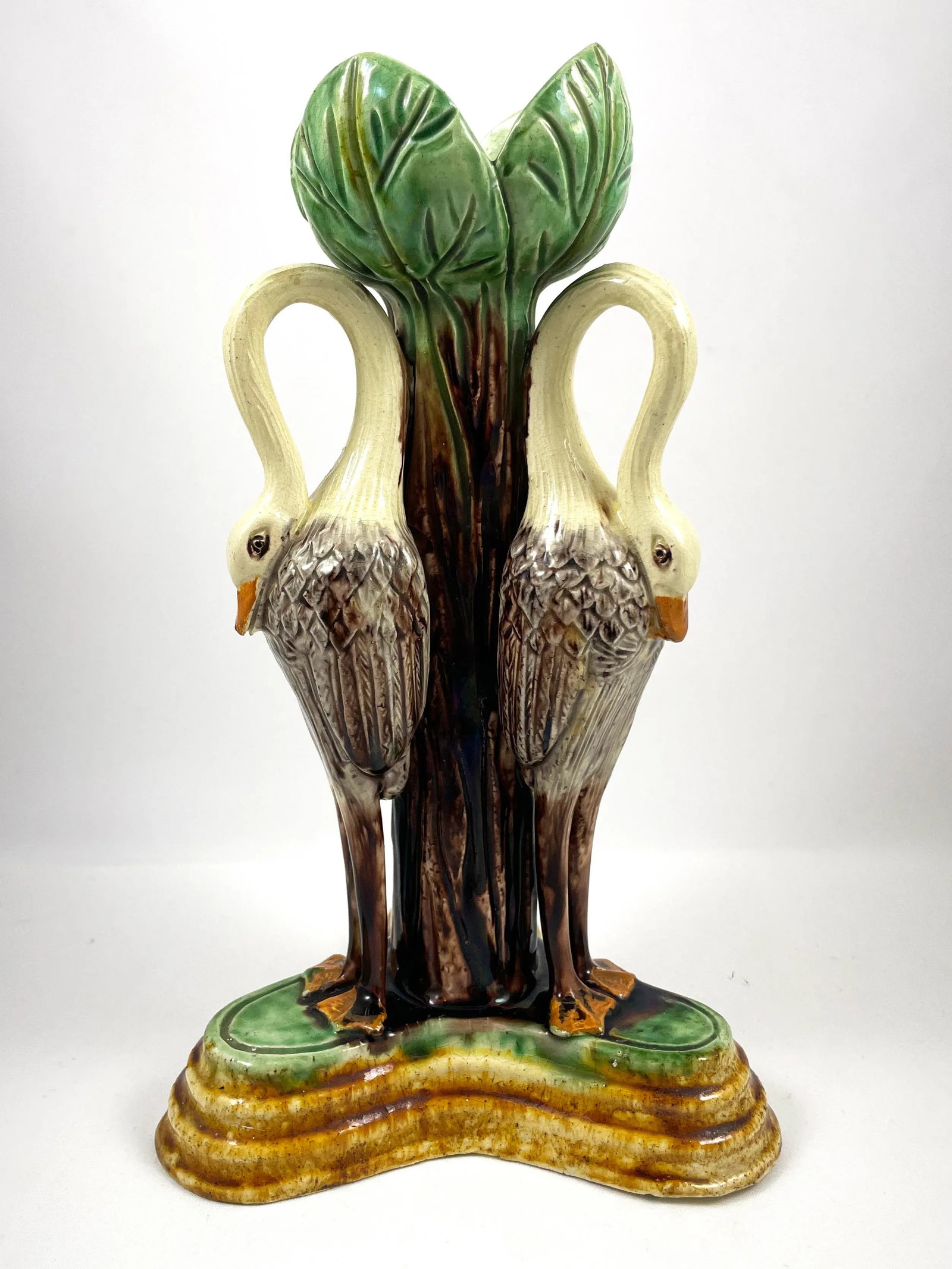 Antique 1880s Portuguese Jose Alves Cunha Majolica Candlestick, Storks With Green Leaves & Ochre Bas - 12