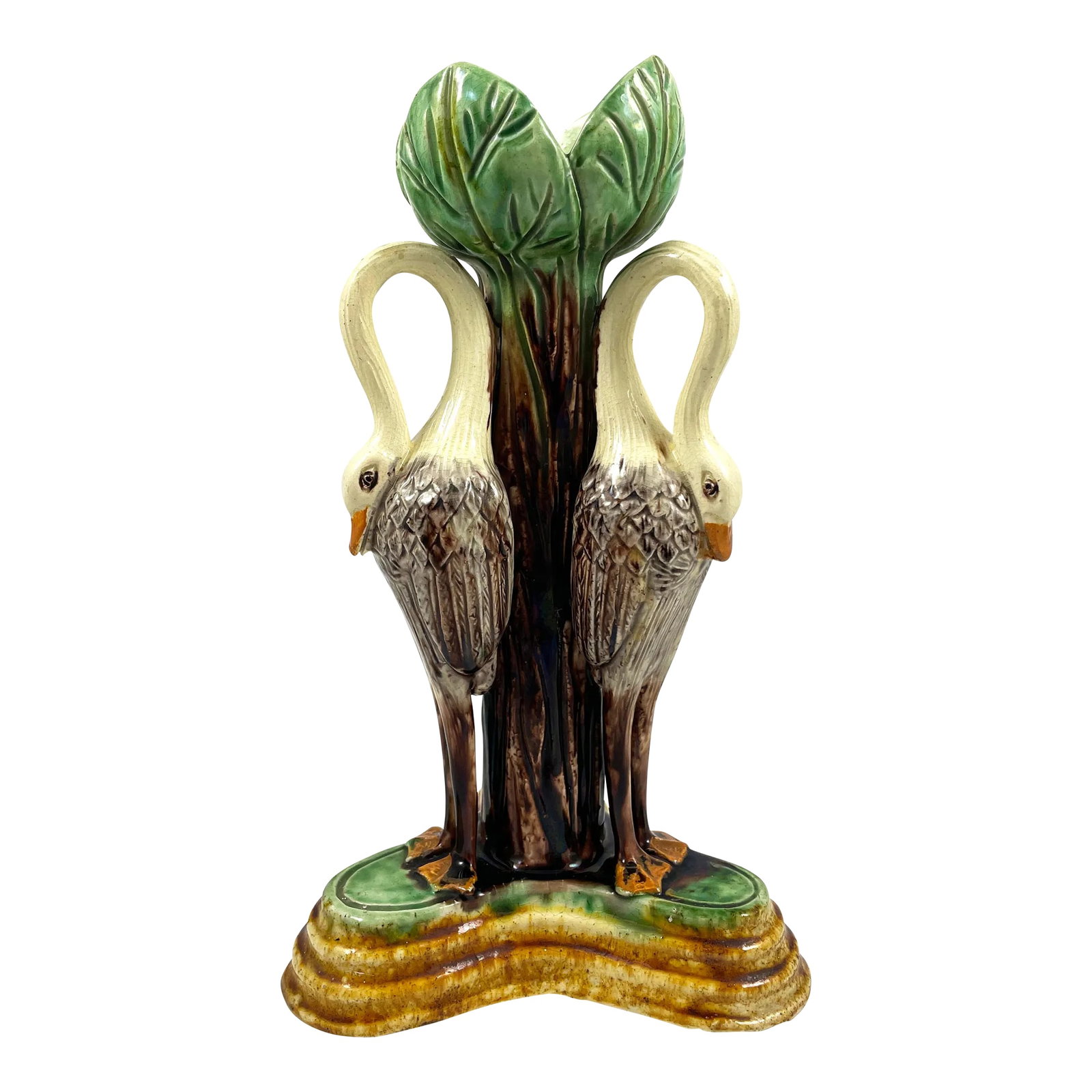 Antique 1880s Portuguese Jose Alves Cunha Majolica Candlestick, Storks With Green Leaves & Ochre Bas: Antique Portuguese Jose Alves Cunha Majolica Candlestick - Storks With Green Leaves & Ochre Base - 1880s Stunning piece from Jose A. Cunha, Caldas Rainha, Portugal Three cranes on green & ochre triang