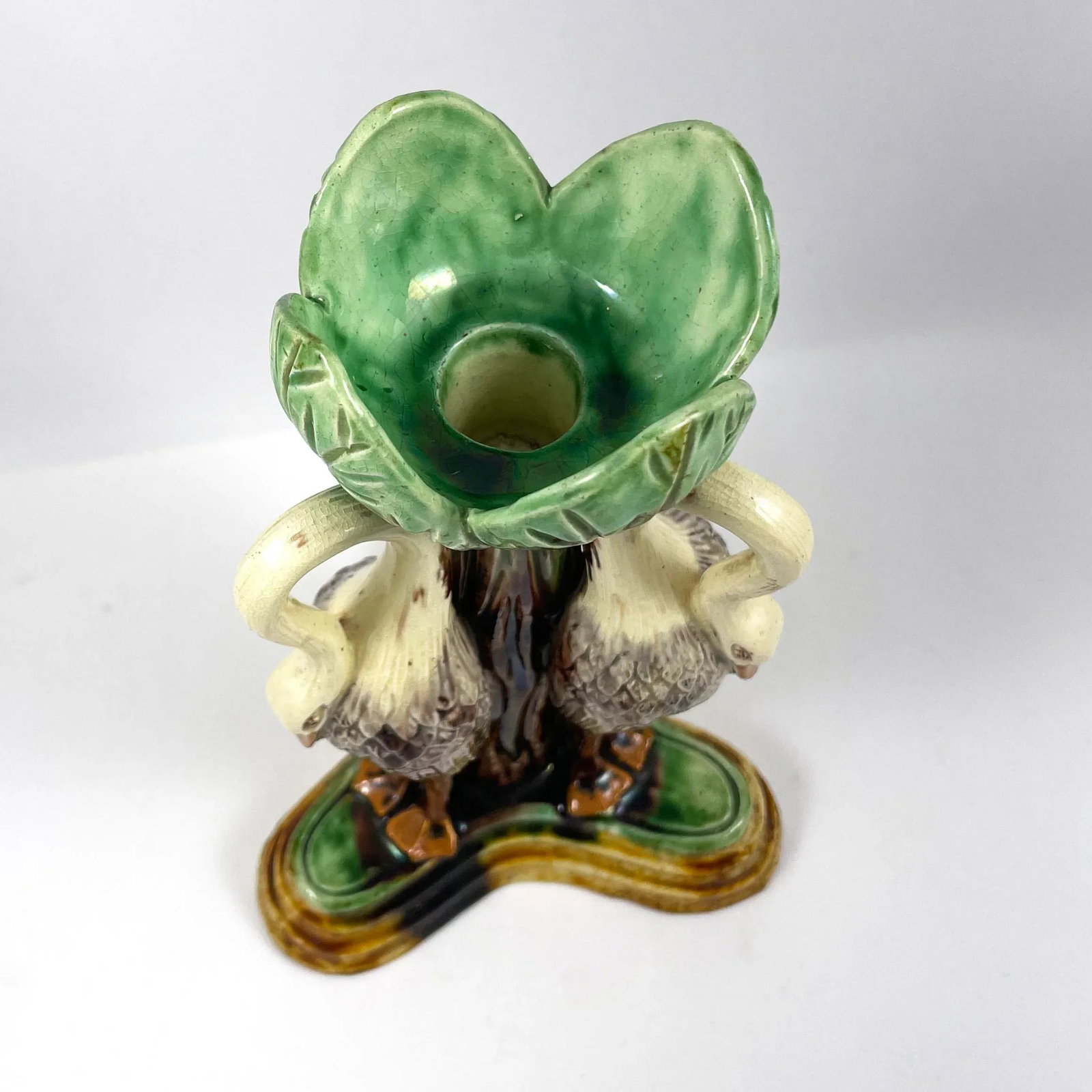 Antique 1880s Portuguese Jose Alves Cunha Majolica Candlestick, Storks With Green Leaves & Ochre Bas - 2
