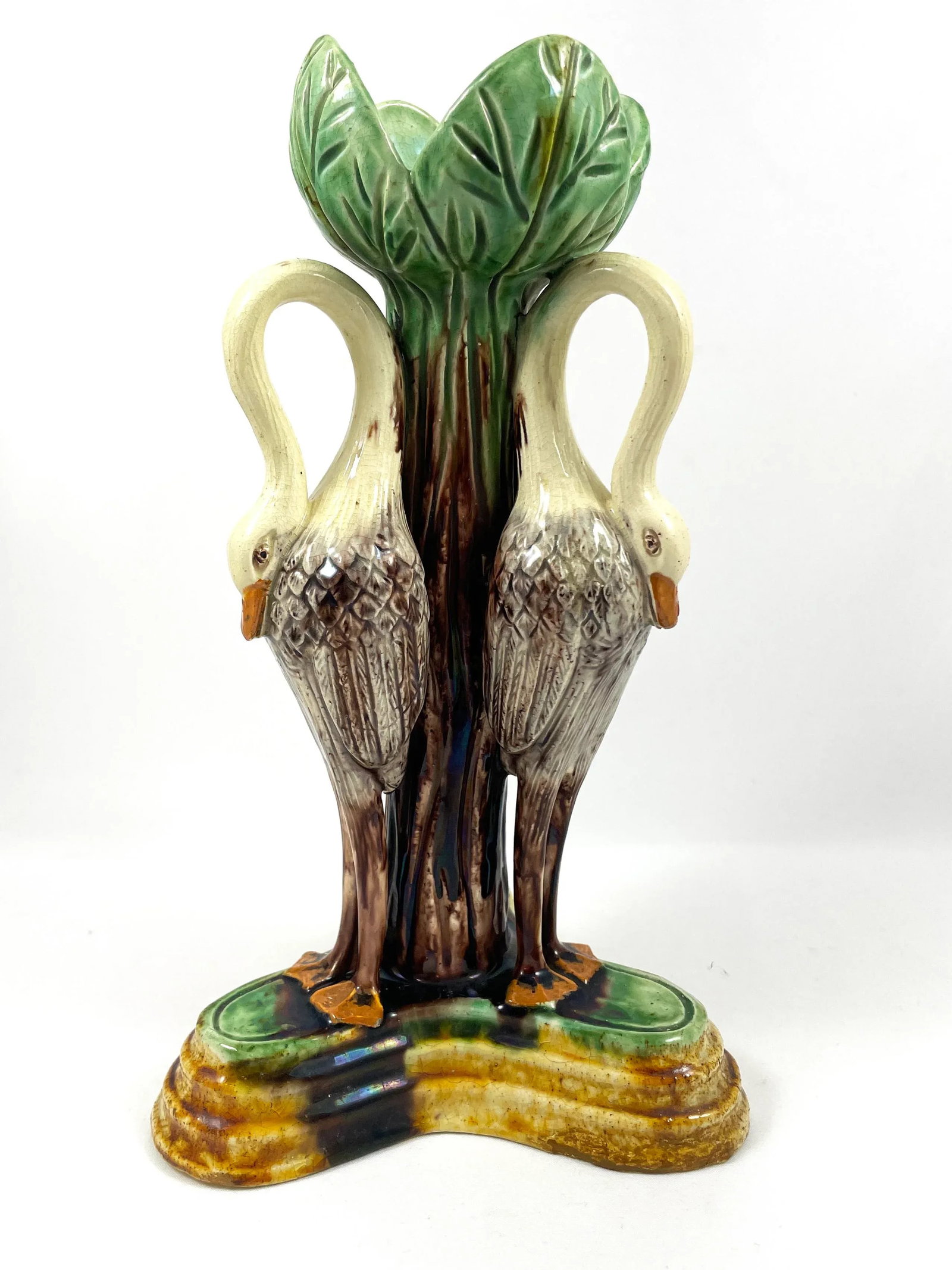 Antique 1880s Portuguese Jose Alves Cunha Majolica Candlestick, Storks With Green Leaves & Ochre Bas - 4