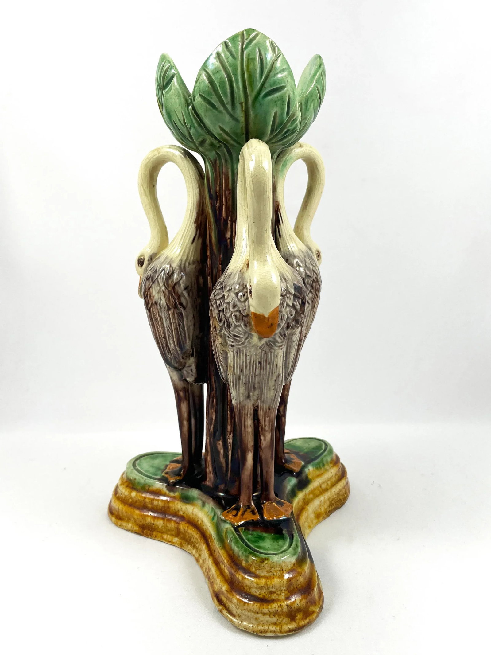 Antique 1880s Portuguese Jose Alves Cunha Majolica Candlestick, Storks With Green Leaves & Ochre Bas - 5