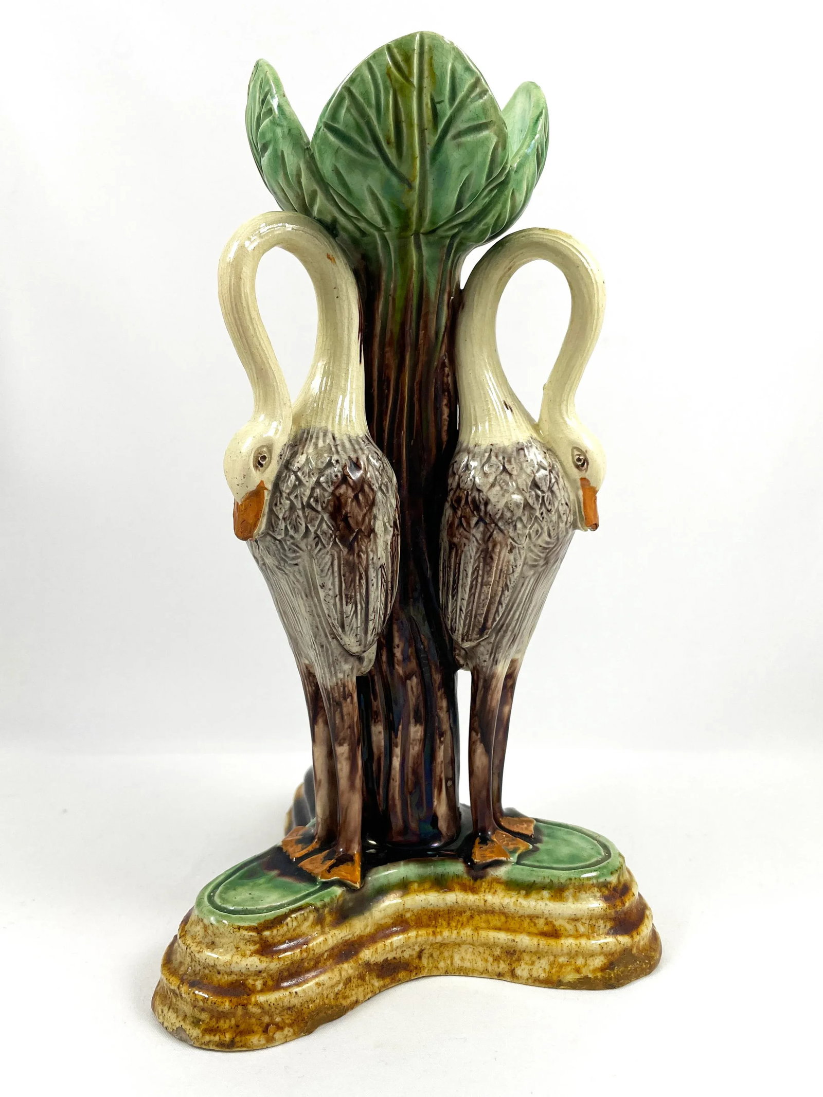 Antique 1880s Portuguese Jose Alves Cunha Majolica Candlestick, Storks With Green Leaves & Ochre Bas - 6