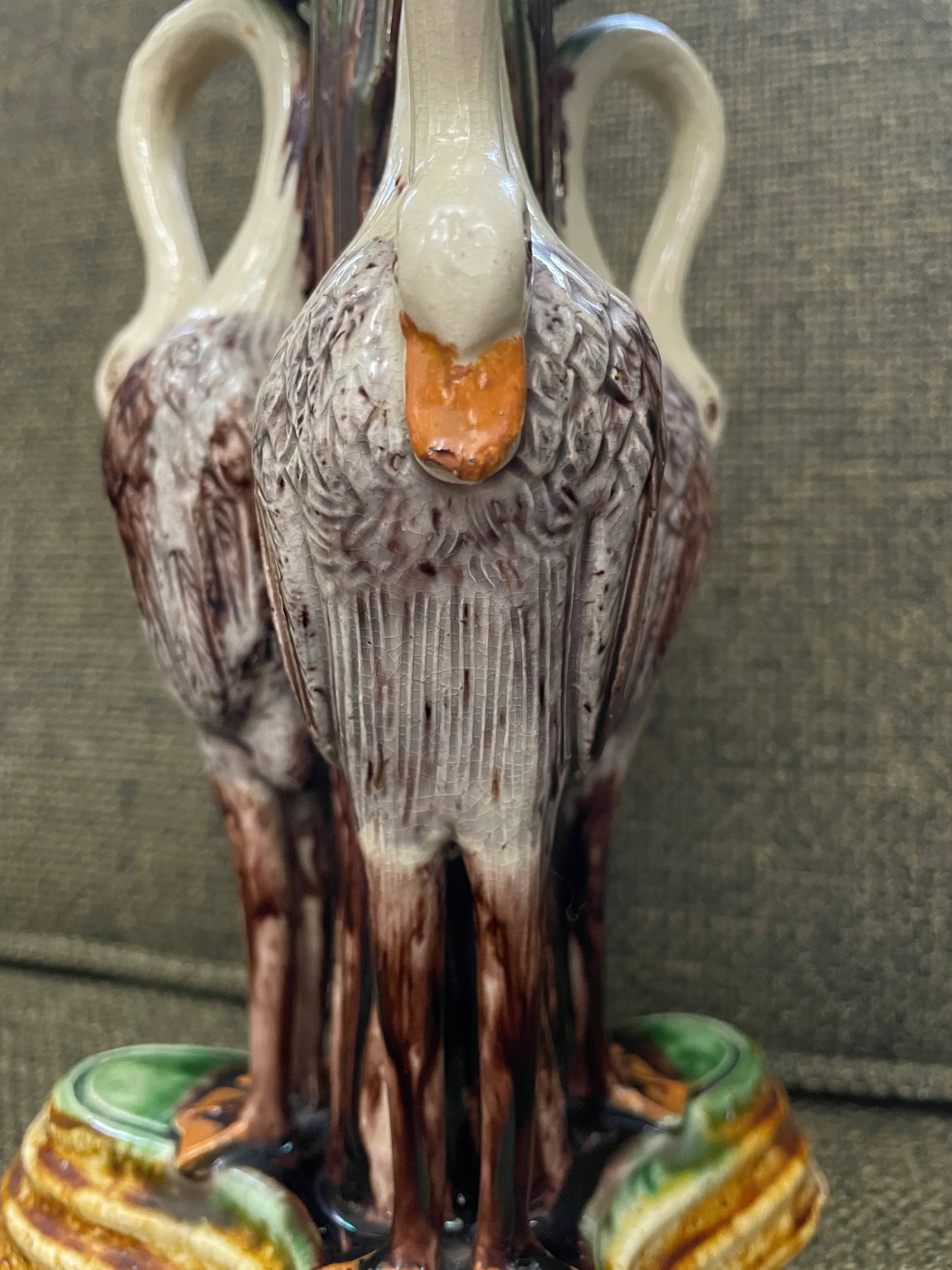 Antique 1880s Portuguese Jose Alves Cunha Majolica Candlestick, Storks With Green Leaves & Ochre Bas - 7