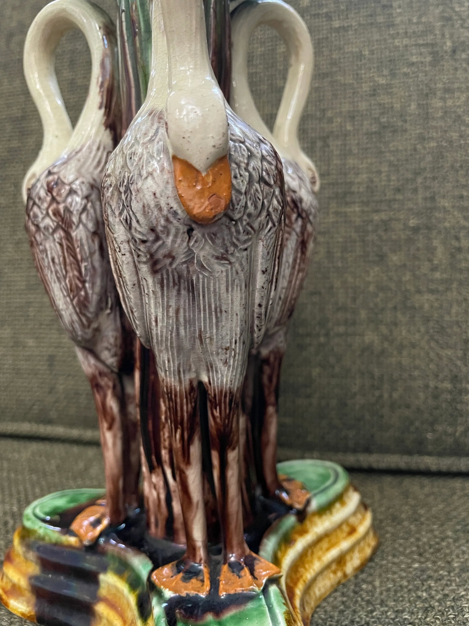 Antique 1880s Portuguese Jose Alves Cunha Majolica Candlestick, Storks With Green Leaves & Ochre Bas - 8
