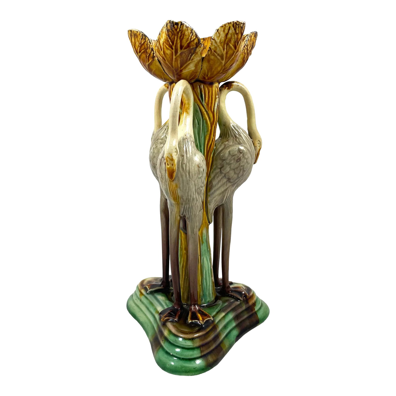 Antique Late 19th Century Portuguese Manuel Mafra Majolica Candlestick, Storks With Ochre Leaves & G: Antique Portuguese Manuel Mafra Majolica Candlestick - Storks With Ochre Leaves & Green Base - 1880s Stunning piece from M. Mafra, Caldas, Portugal Three cranes on green triangular base, against a
